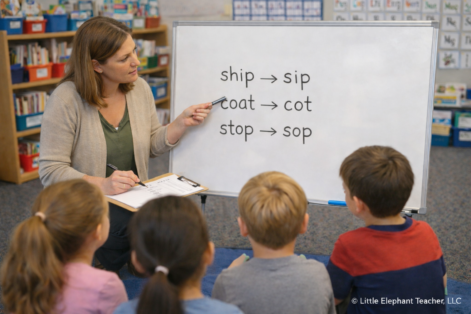 Teacher leading a small-group phonics lesson while pointing to a chart with decoding error examples such as ship to sip, coat to cot, and stop to sop.