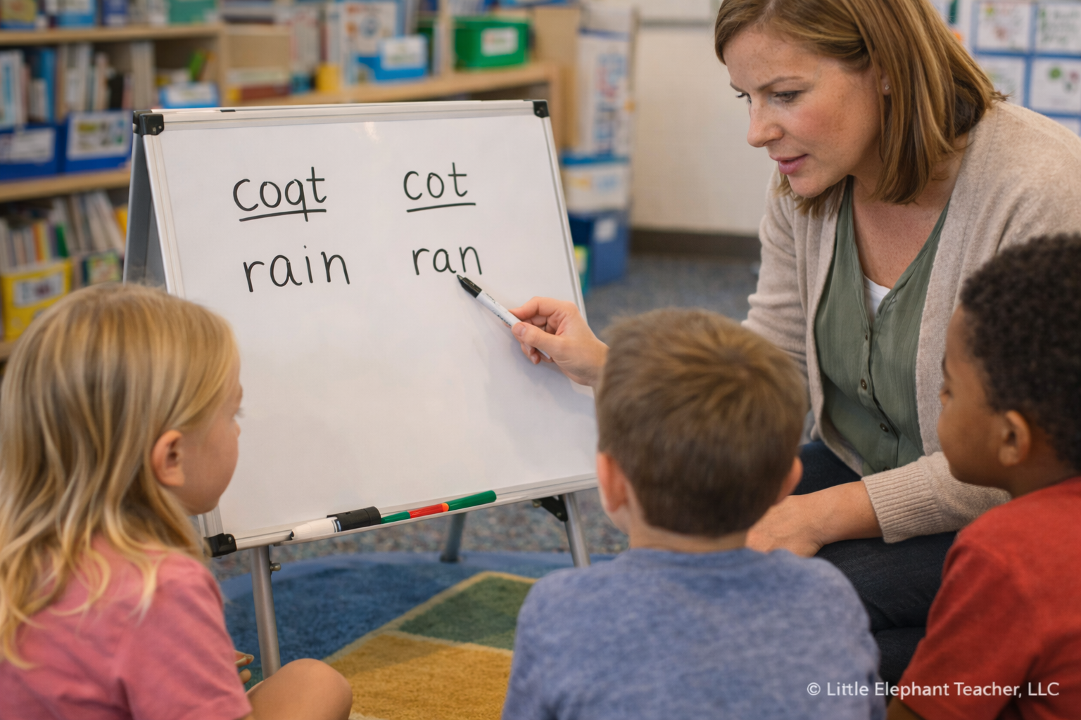 Teacher demonstrating vowel decoding differences such as coat and cot during phonics instruction