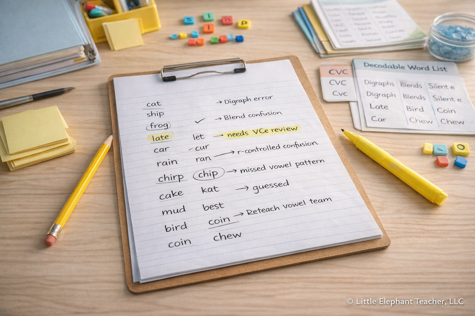 Teacher analyzing a student decoding assessment sheet with notes on phonics errors such as digraph confusion, missed vowel patterns, blend errors, and VCe review to determine what phonics skill to teach next.