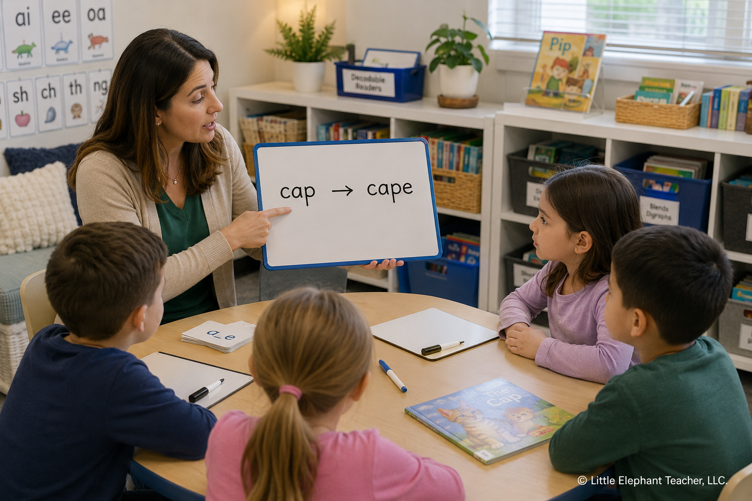 Teacher explaining the silent e pattern by comparing the words cap and cape.