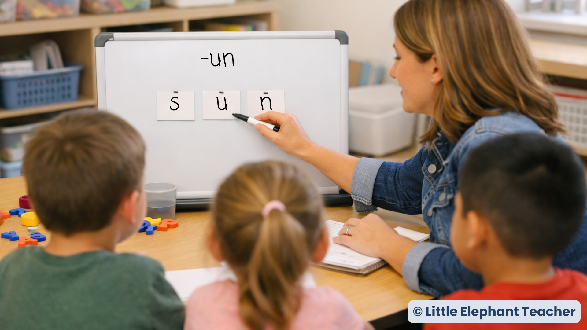Teacher leading small-group phonics instruction while students decode words