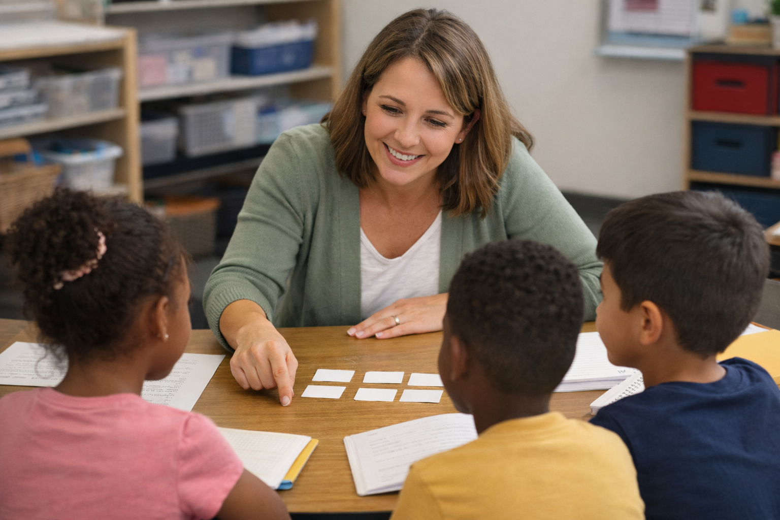 Elementary teacher working with a diverse small reading group during phonics intervention using word cards and decodable texts.