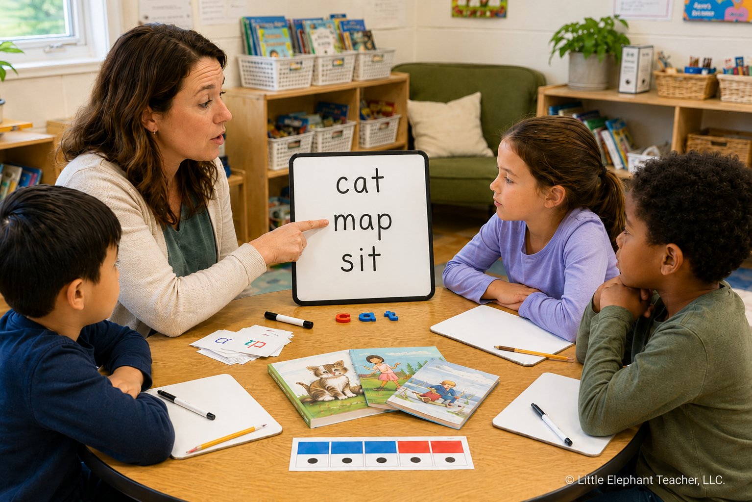 Teacher providing explicit phonics instruction to a small group of early elementary students.