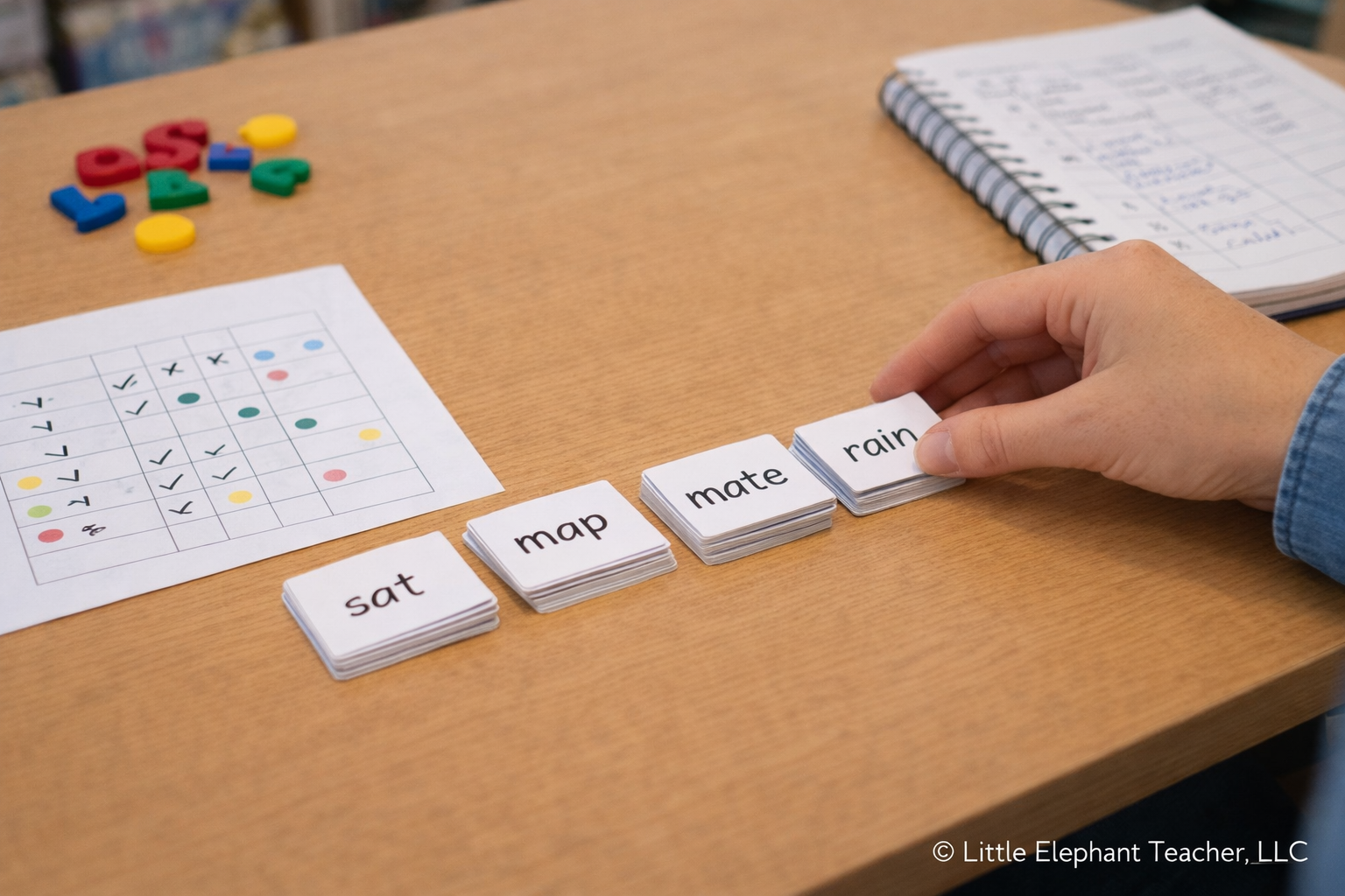 teacher organizing phonics word cards after reviewing phonics assessment data