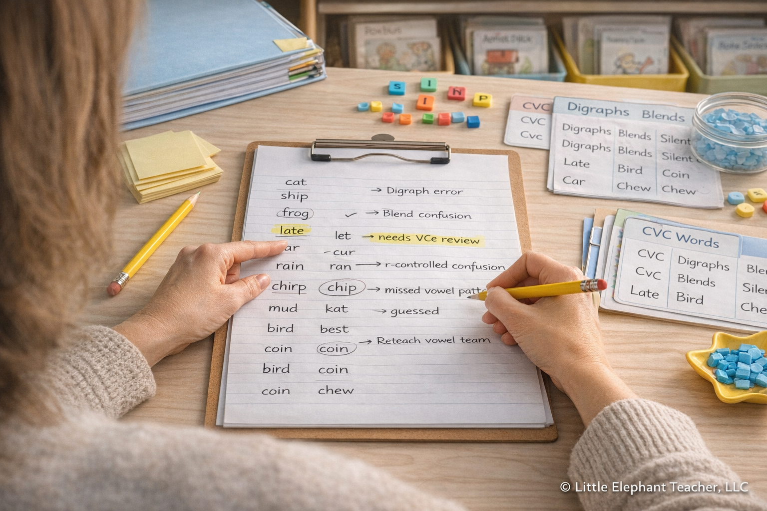 Elementary teacher reviewing a student decoding assessment sheet and marking phonics errors to identify the next phonics skill to teach using phonics assessment data.