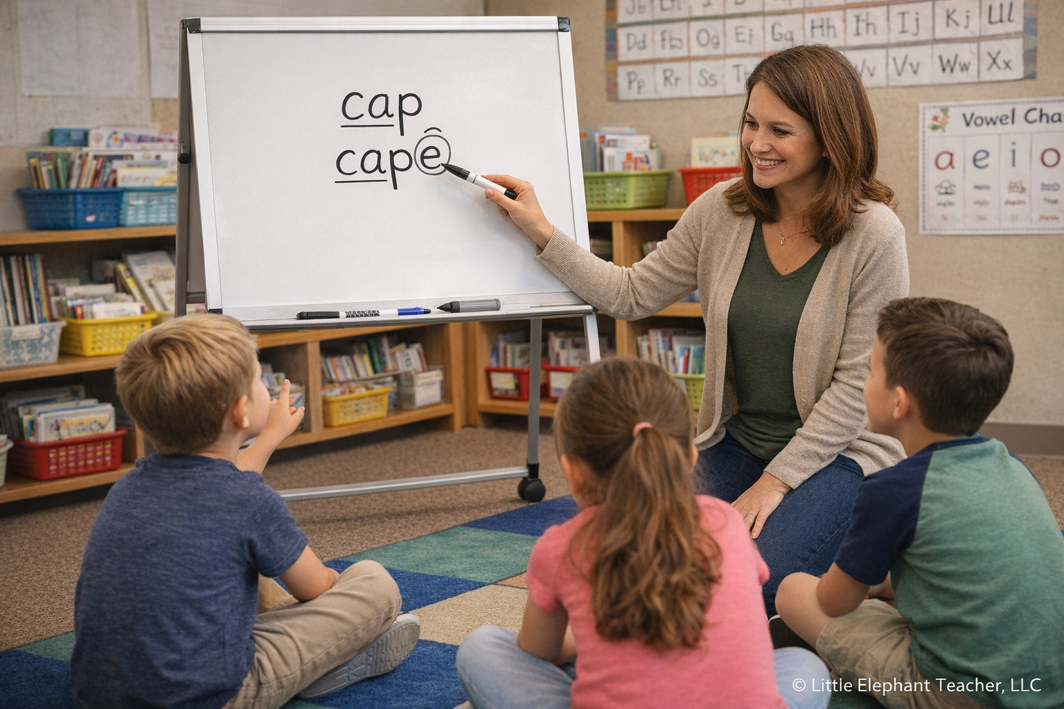 Teacher explaining the silent e phonics pattern using the words cap and cape