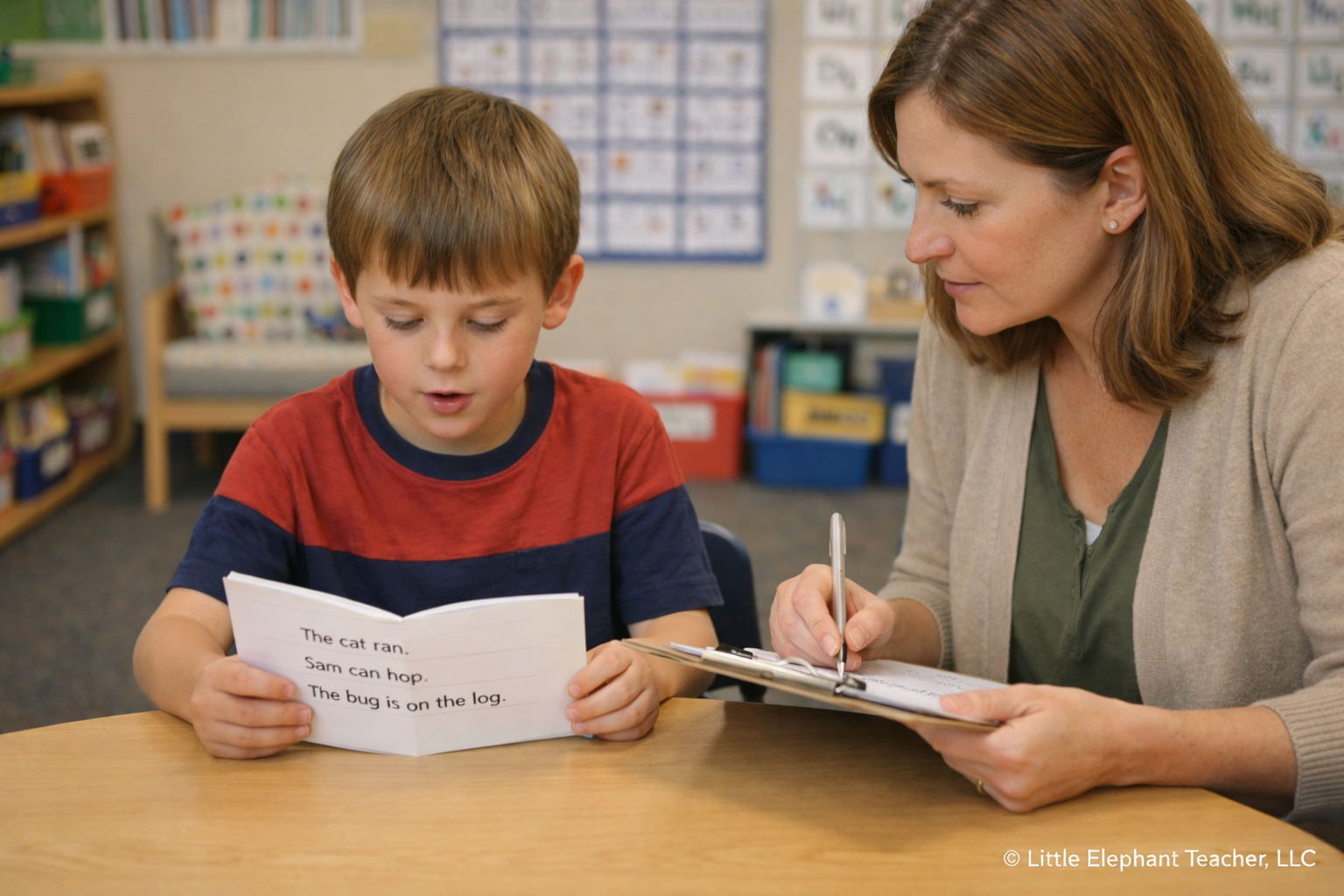 Teacher observing a student reading aloud and analyzing decoding errors during phonics instruction