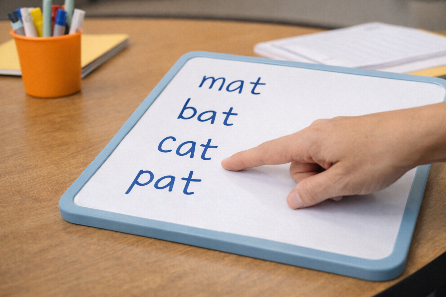Teacher pointing to simple CVC words on a whiteboard during phonics decoding instruction.