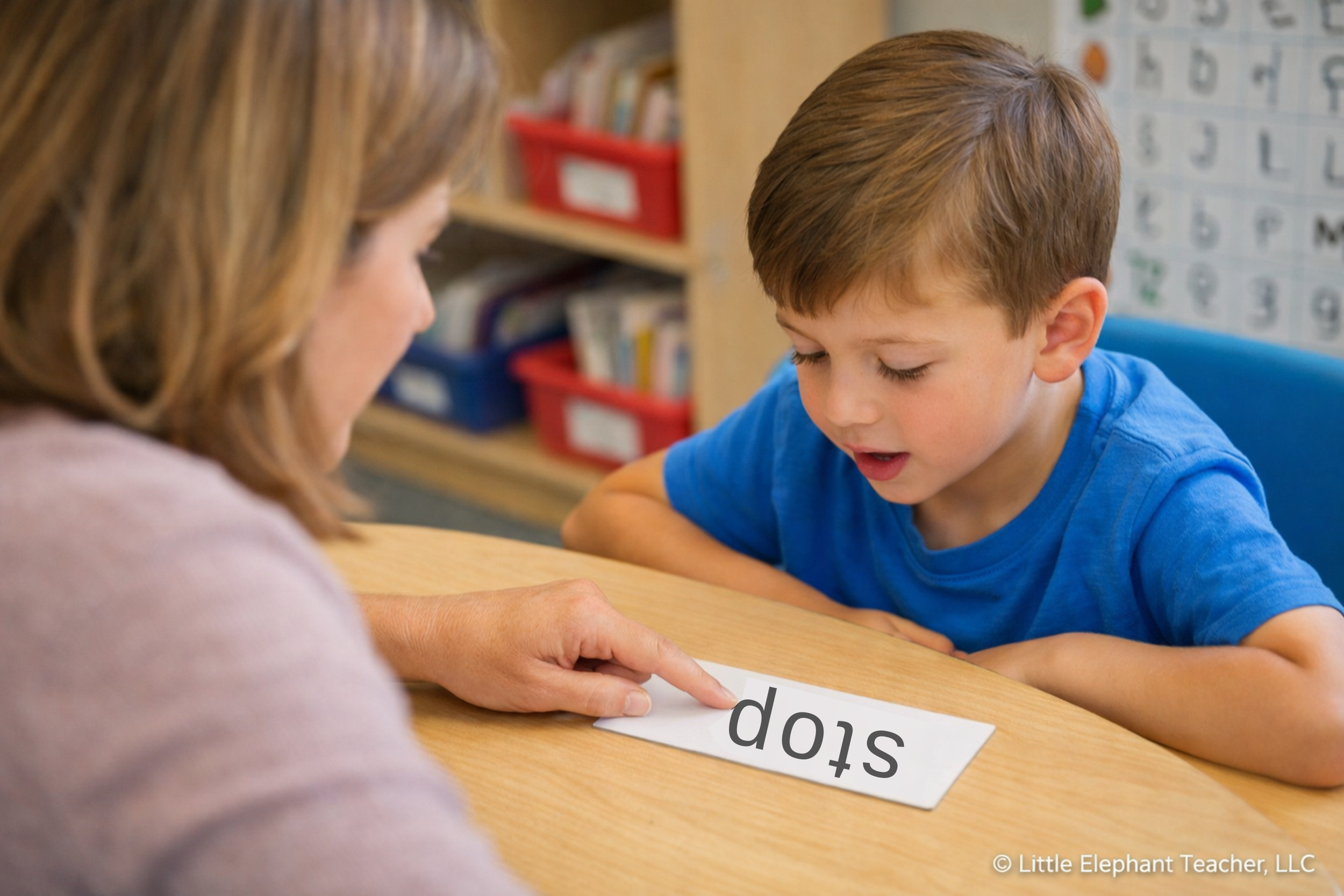 Teacher helping a student identify missing sounds in consonant blends during phonics reading practice