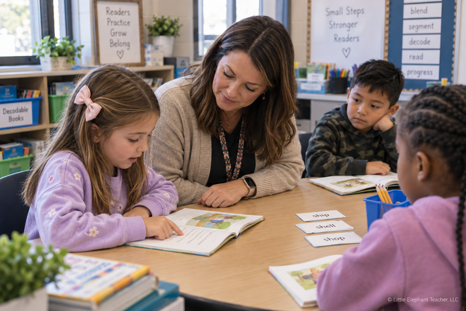 Teacher listening as an elementary student rereads a decodable sentence after receiving phonics feedback.