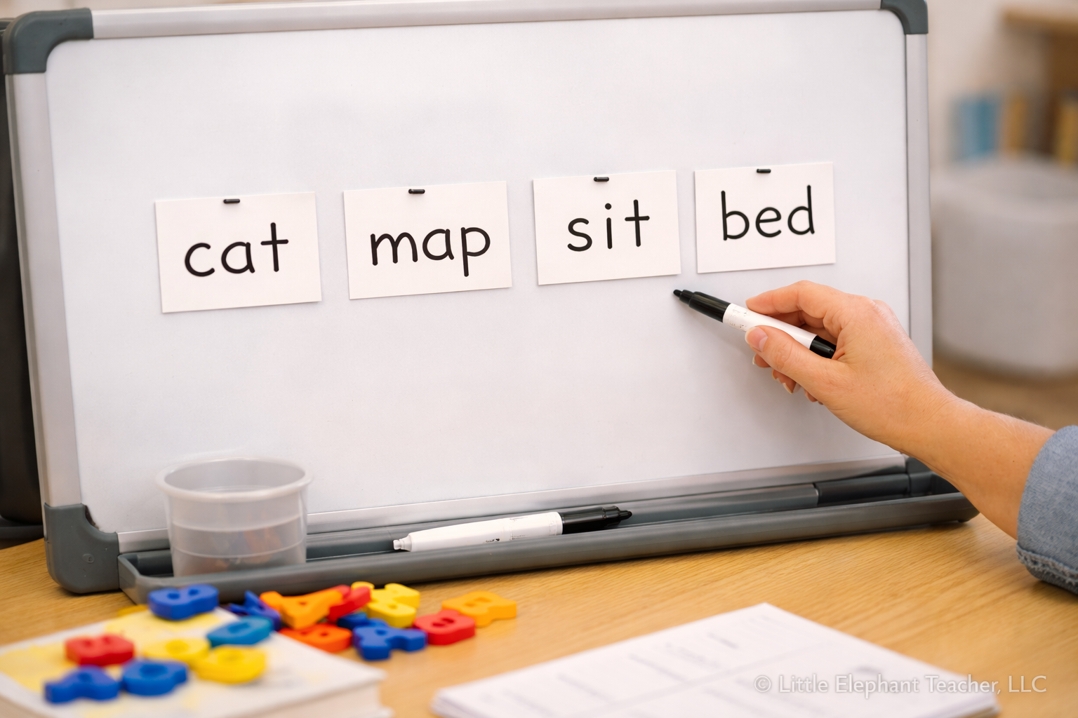 Teacher pausing during phonics instruction while students decode CVC words