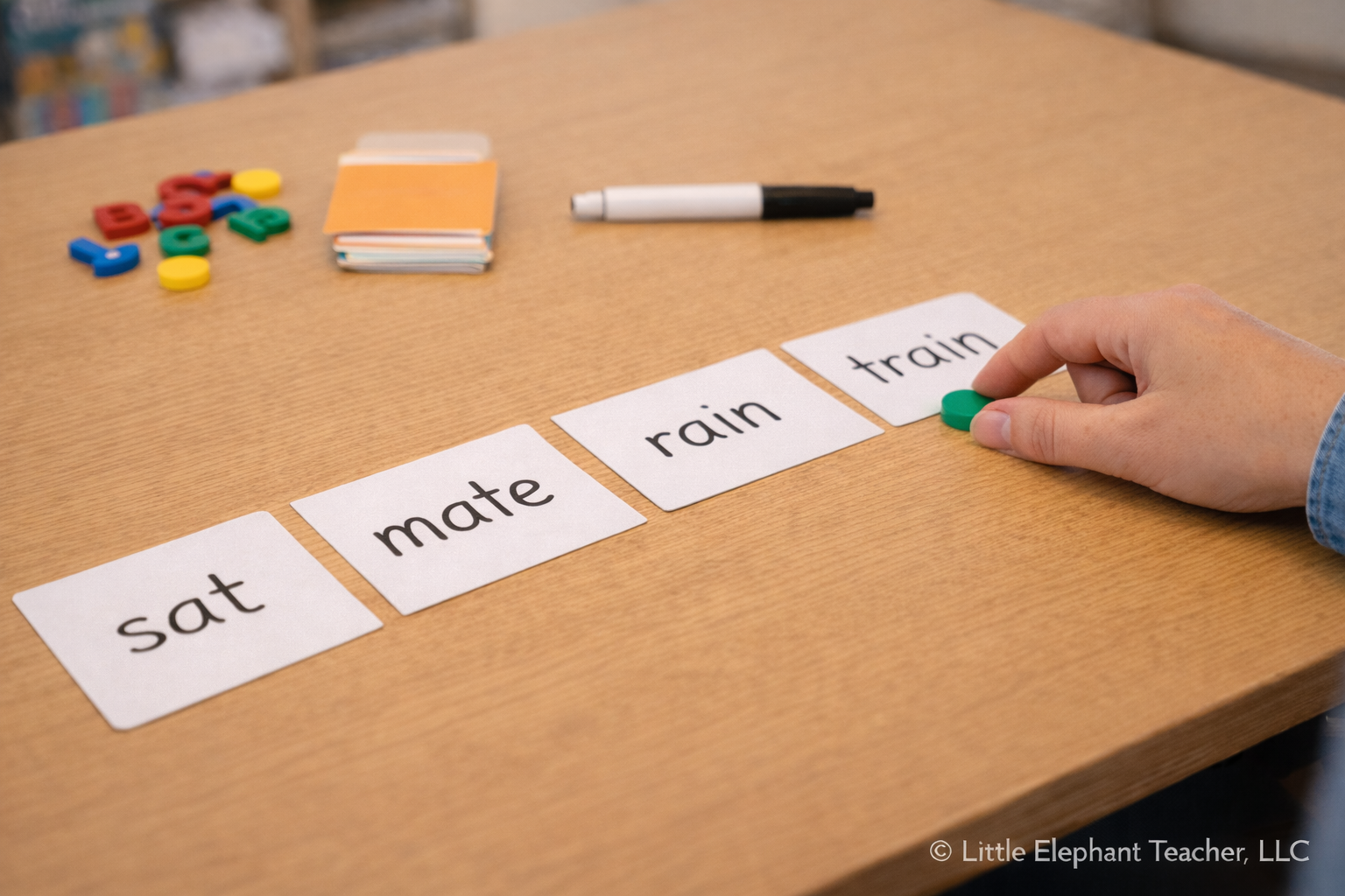 phonics skill progression showing sat mate rain train word sequence