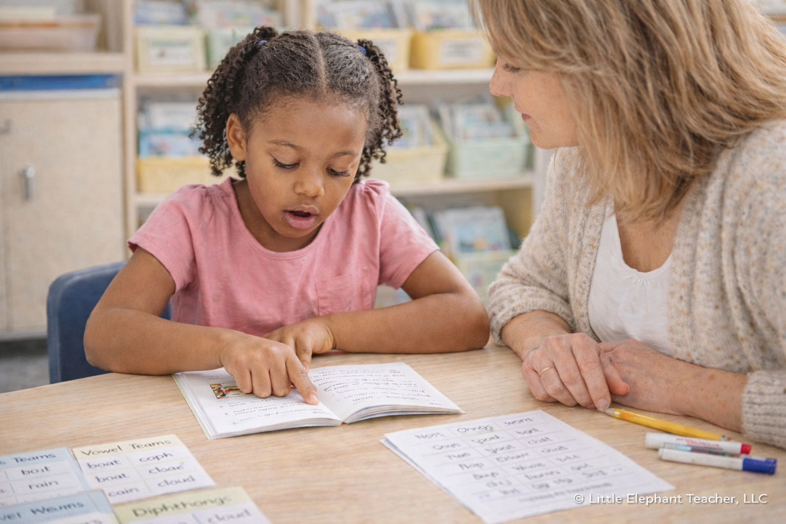 Elementary student hesitating while decoding a word during small-group reading as a teacher observes closely to identify phonics needs.
