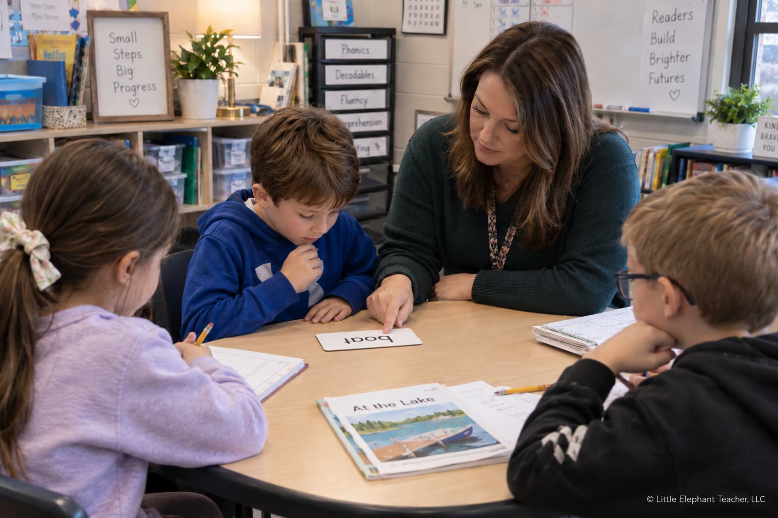 Elementary reading intervention teacher guiding a student to look back at a word during small-group phonics instruction.