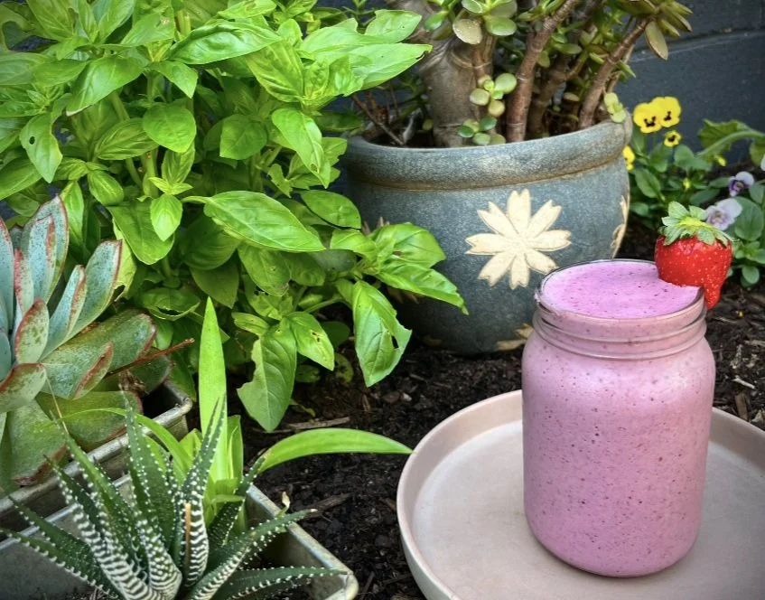 A pink smoothie in a jar with a strawberry on ramekin, surrounded by various green potted plants and flowers.