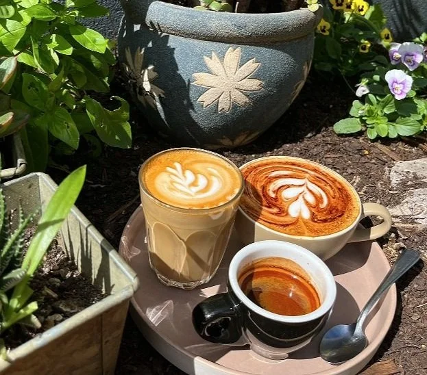 Three cups of coffee with latte art on a pink tray, surrounded by potted plants and flowers outdoors