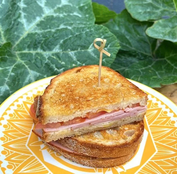 Ham and cheese sandwich on toasted bread with a toothpick, served on a decorative yellow and white plate, with green leafy background.