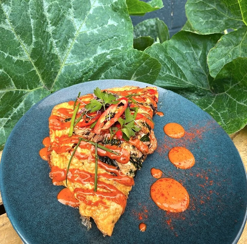 A plated dish of grilled fish topped with fresh herbs, sliced tomatoes, drizzled with red sauce, and accompanied by drops of sauce and a sprinkle of paprika, served on a blue plate amid green foliage.