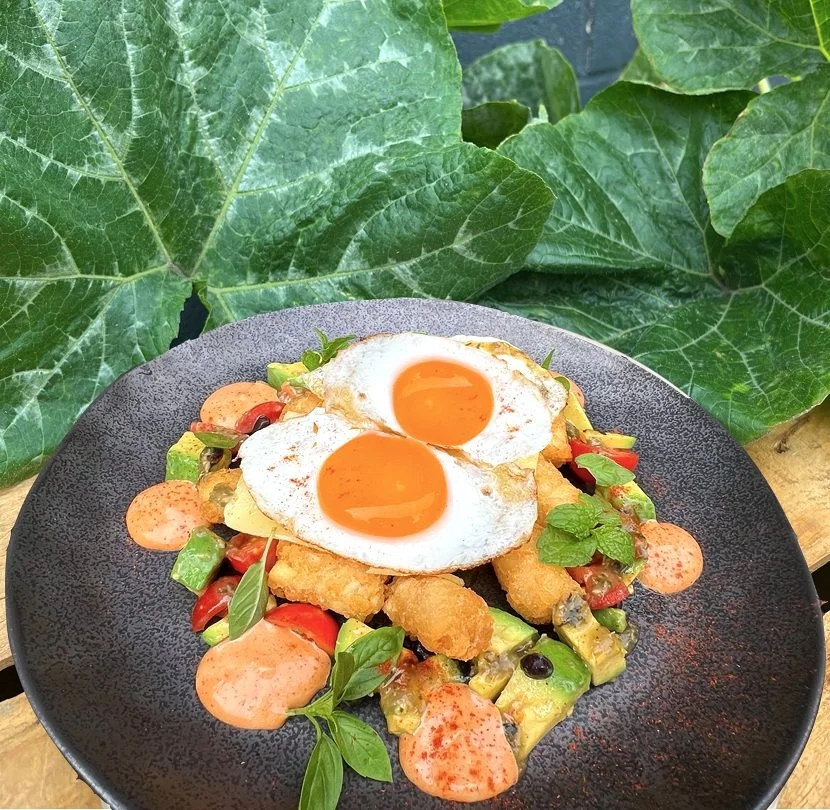 Breakfast plate with two fried eggs, fried fish fillets, chopped avocado, cherry tomatoes, black beans, and green herbs, garnished with pink sauce on black plate