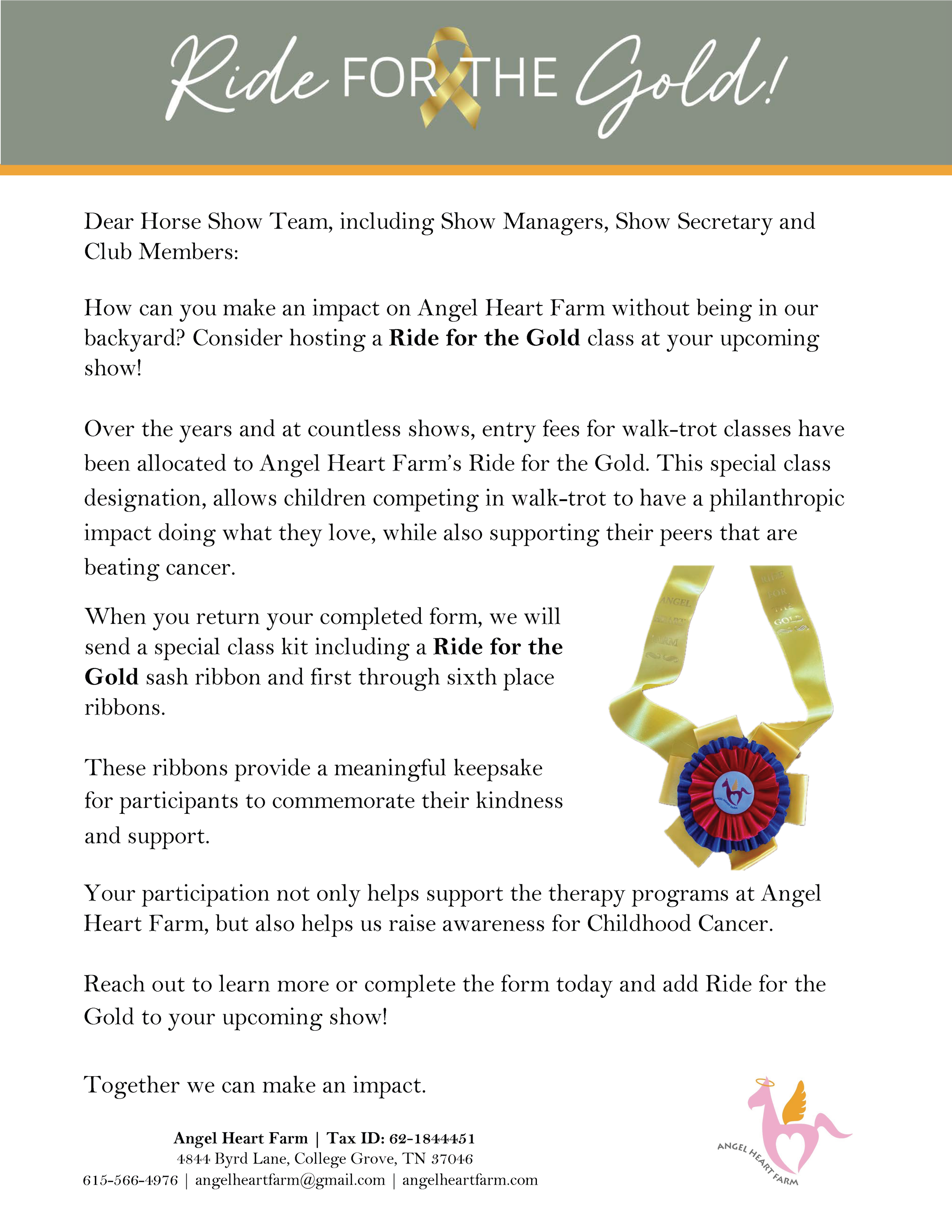 Angel Heart Farm, Ride for the Gold Letter