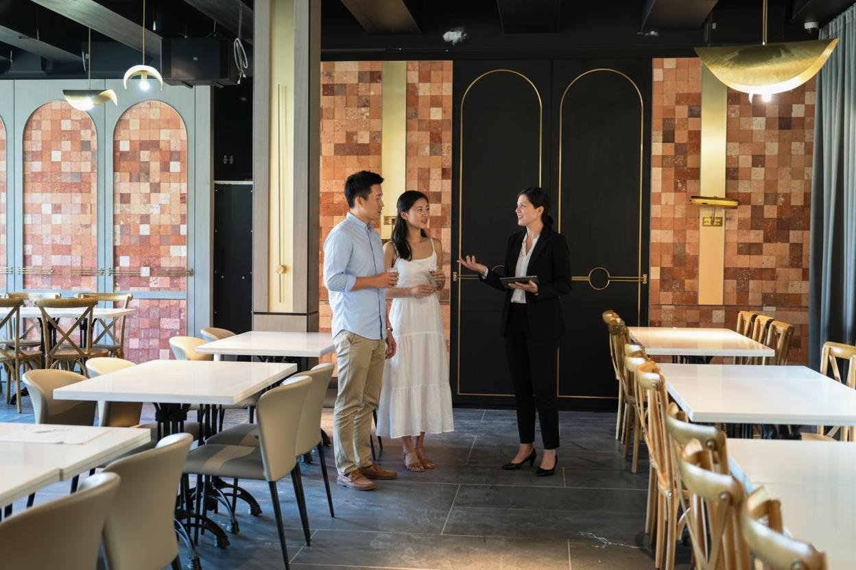 Couple touring a Sydney wedding venue before making a booking decision