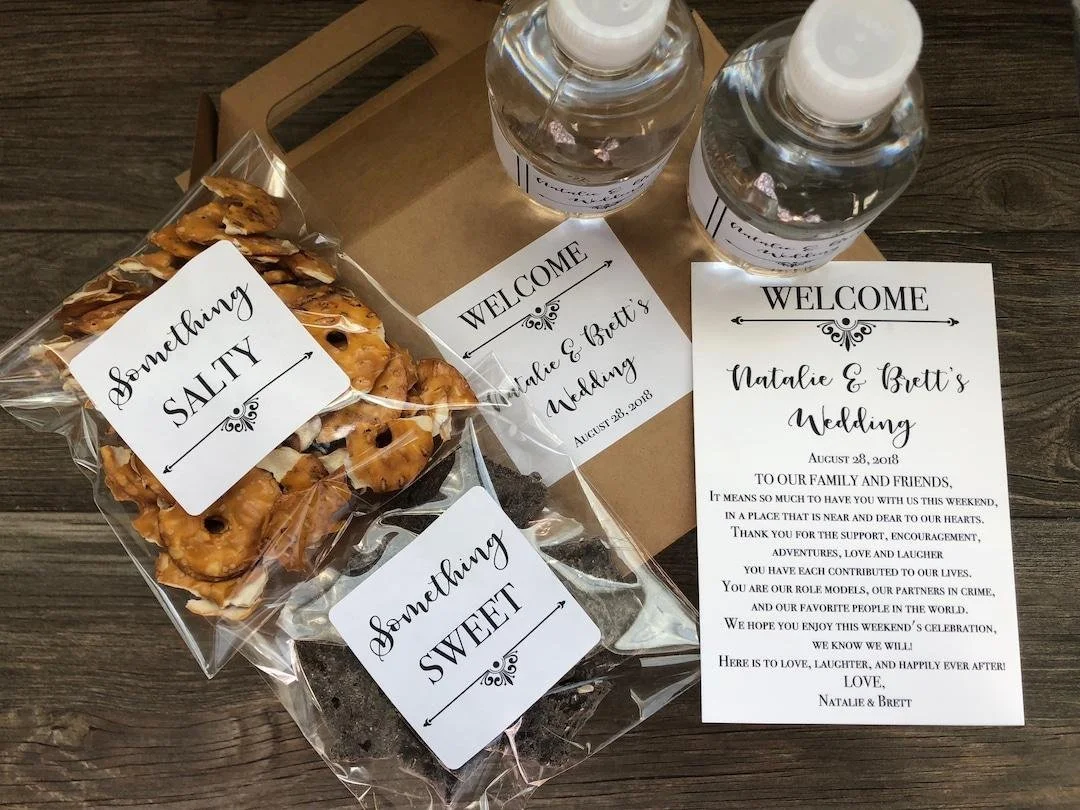 Wedding welcome bags prepared for travelling guests staying in accommodation before a Sydney wedding.