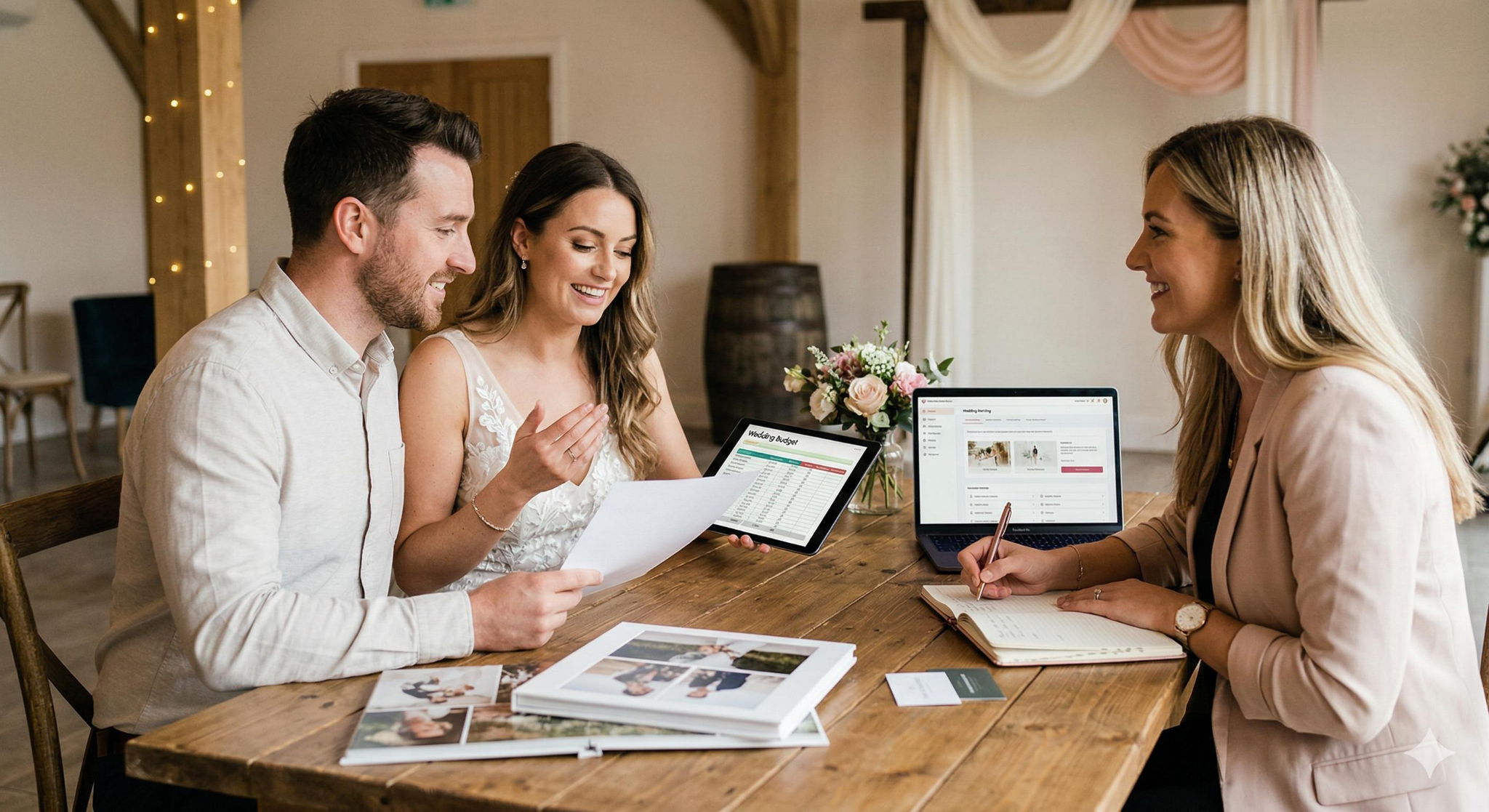 Sydney wedding planner meeting with an engaged couple to discuss their wedding plans and budget