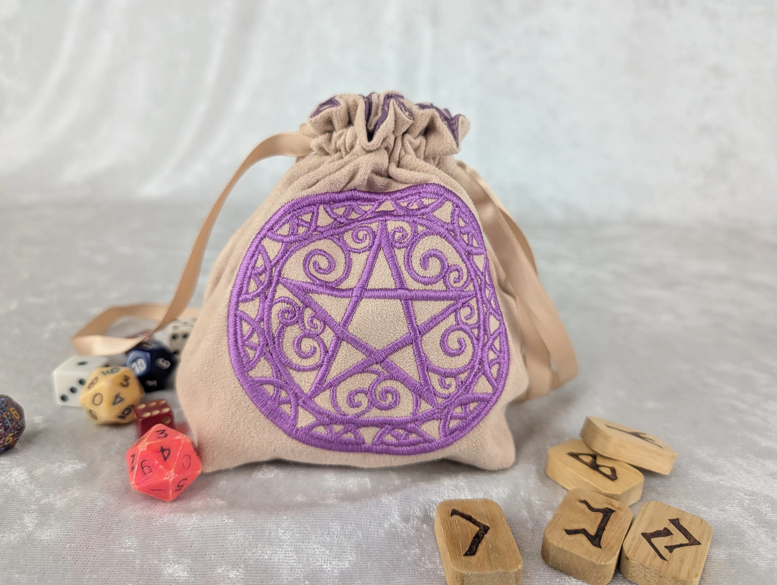 Purple Pentagram Embroidered Stand Up Dice Bag