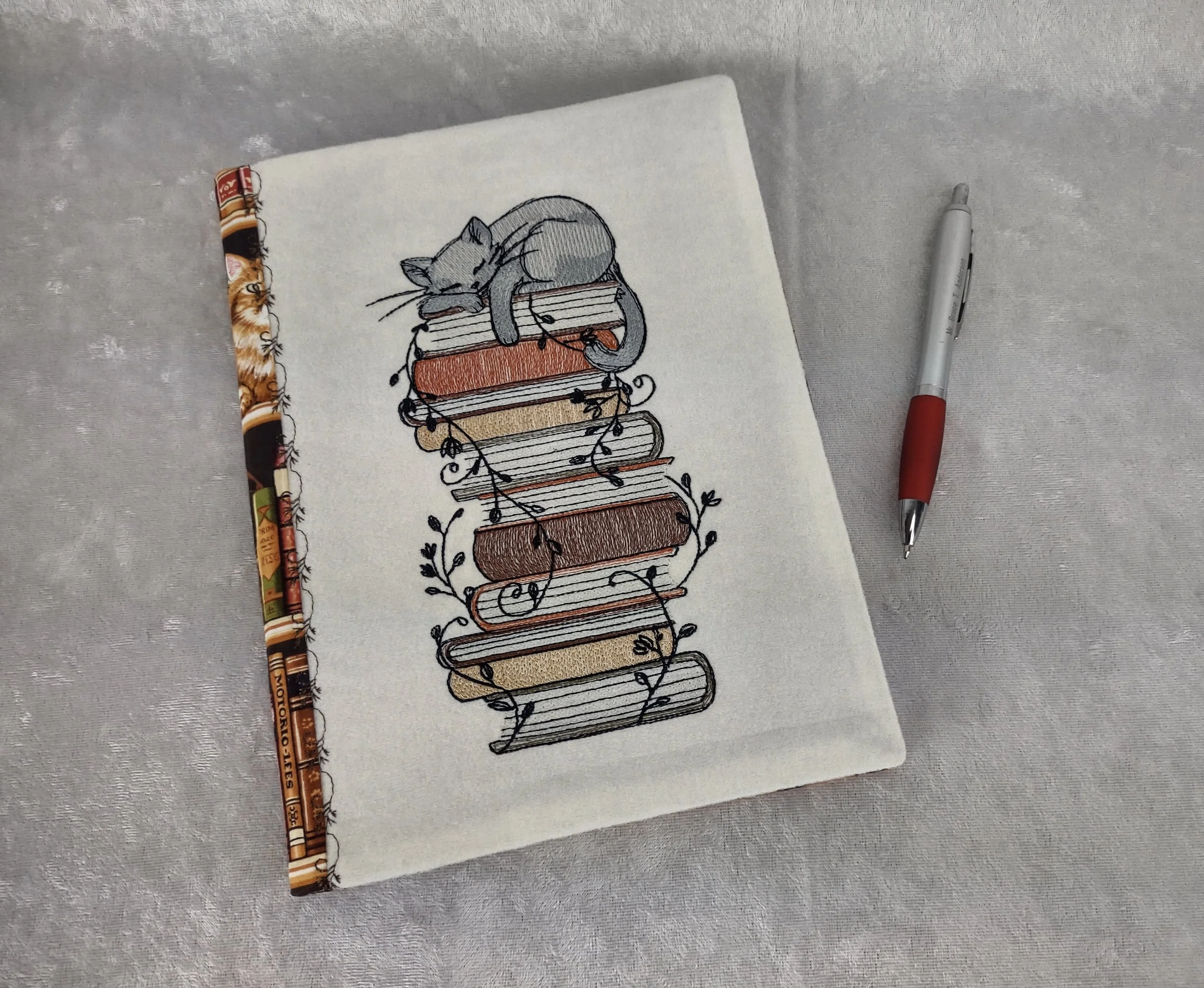 Cat on Books Refillable Embroidered Notebook Cover with Notebook