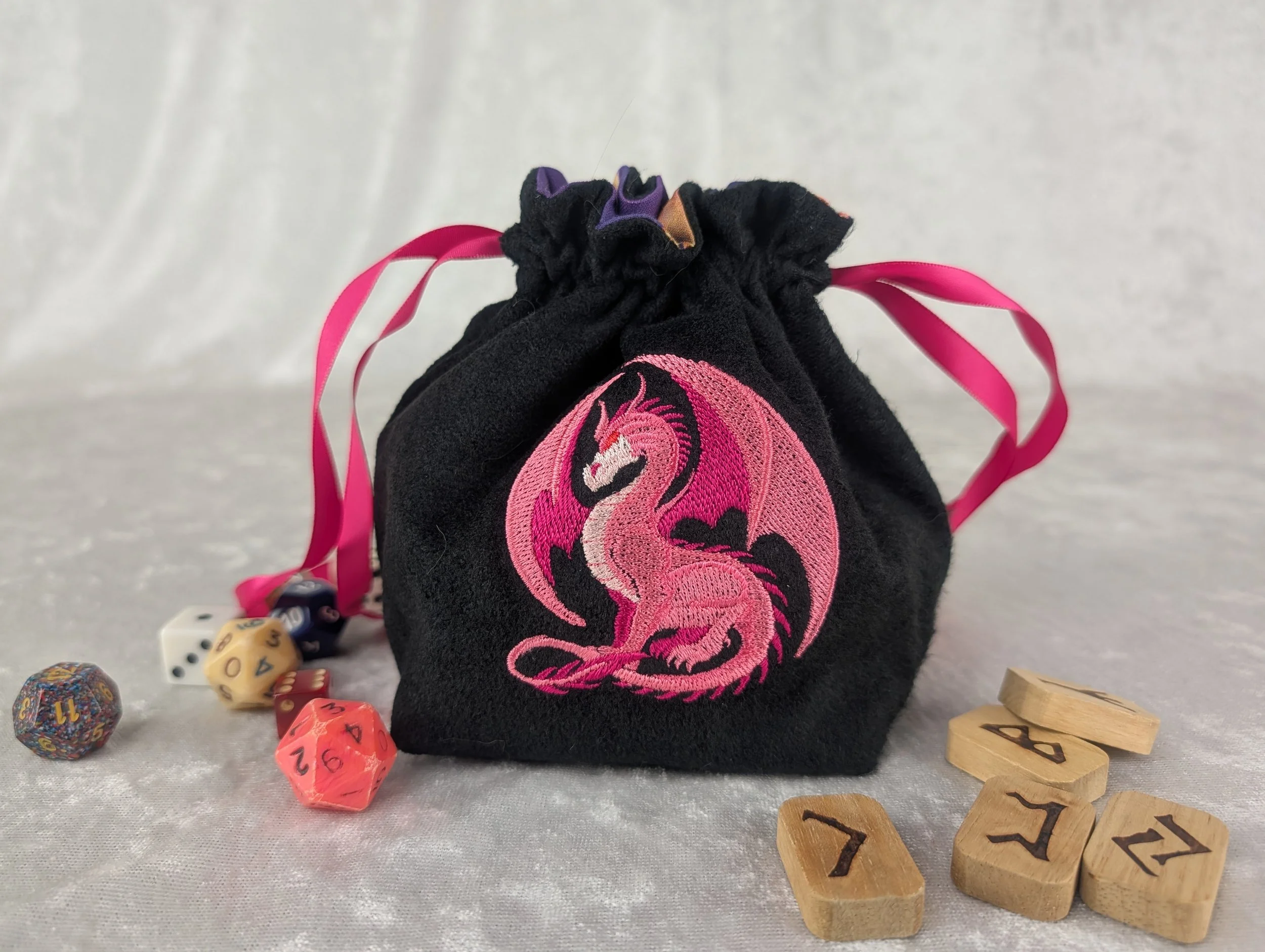 Pink Dragon Embroidered Stand Up Dice Bag