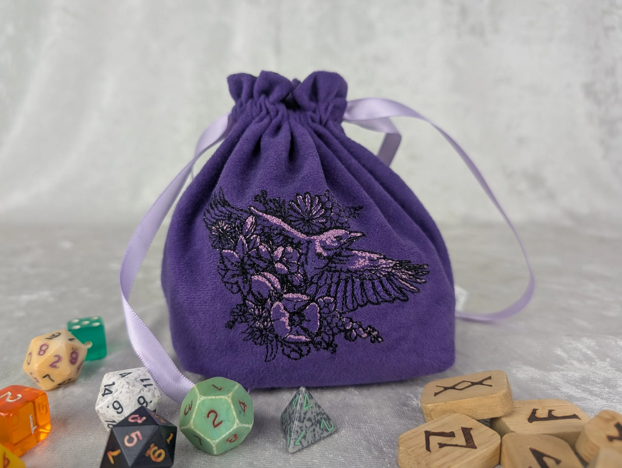 Raven on Purple Embroidered Stand Up Dice Bag