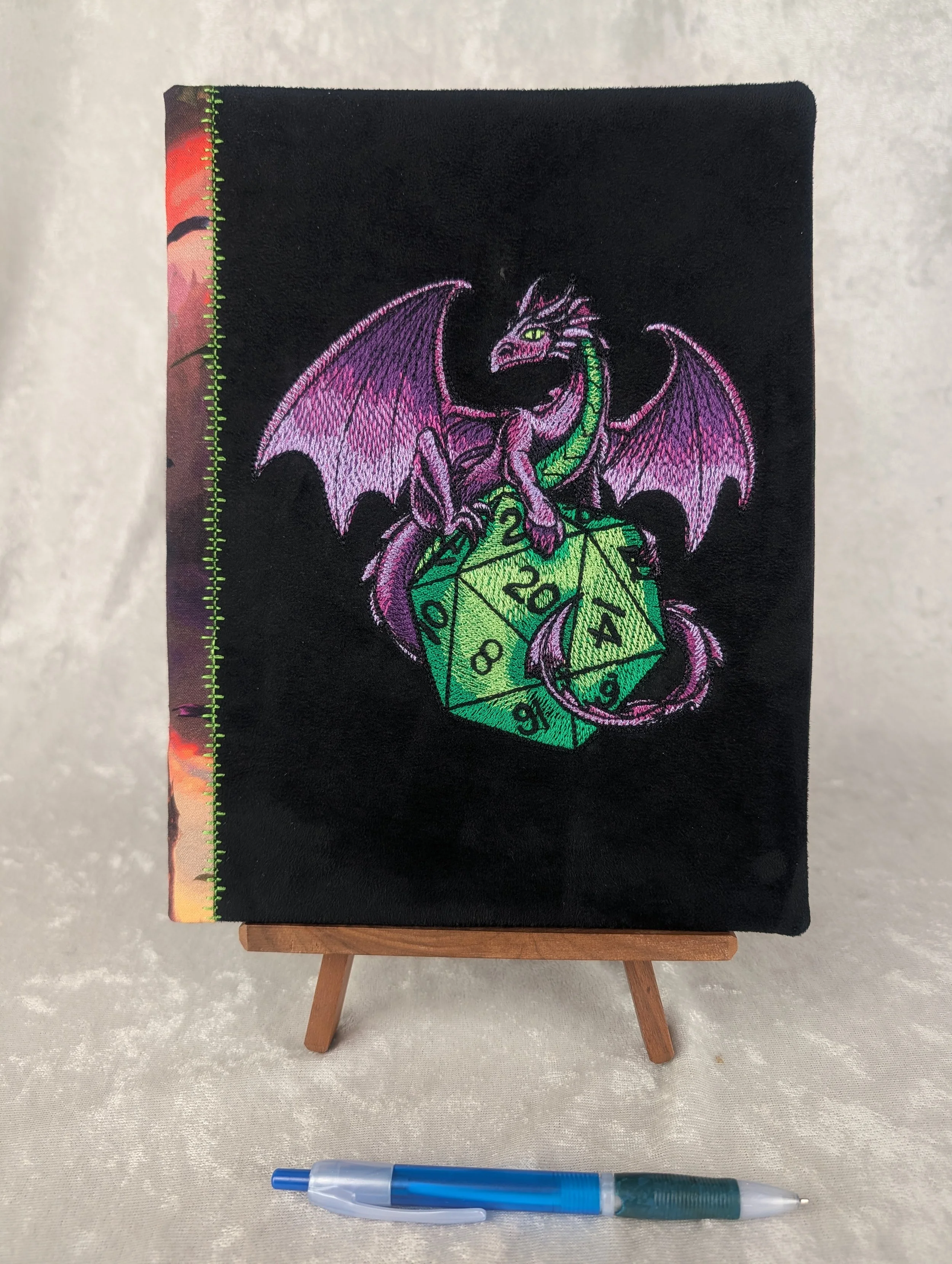 Purple Dragon on D20 Refillable Embroidered Notebook Cover with Notebook