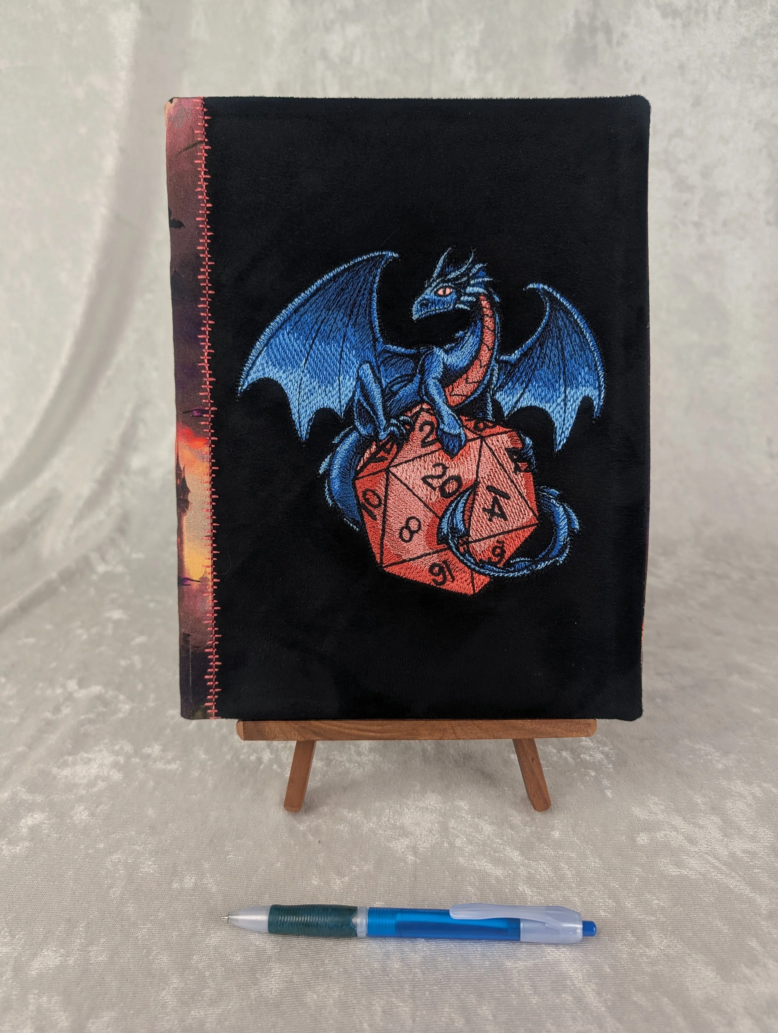 Blue Dragon on D20 Refillable Embroidered Notebook Cover with Notebook