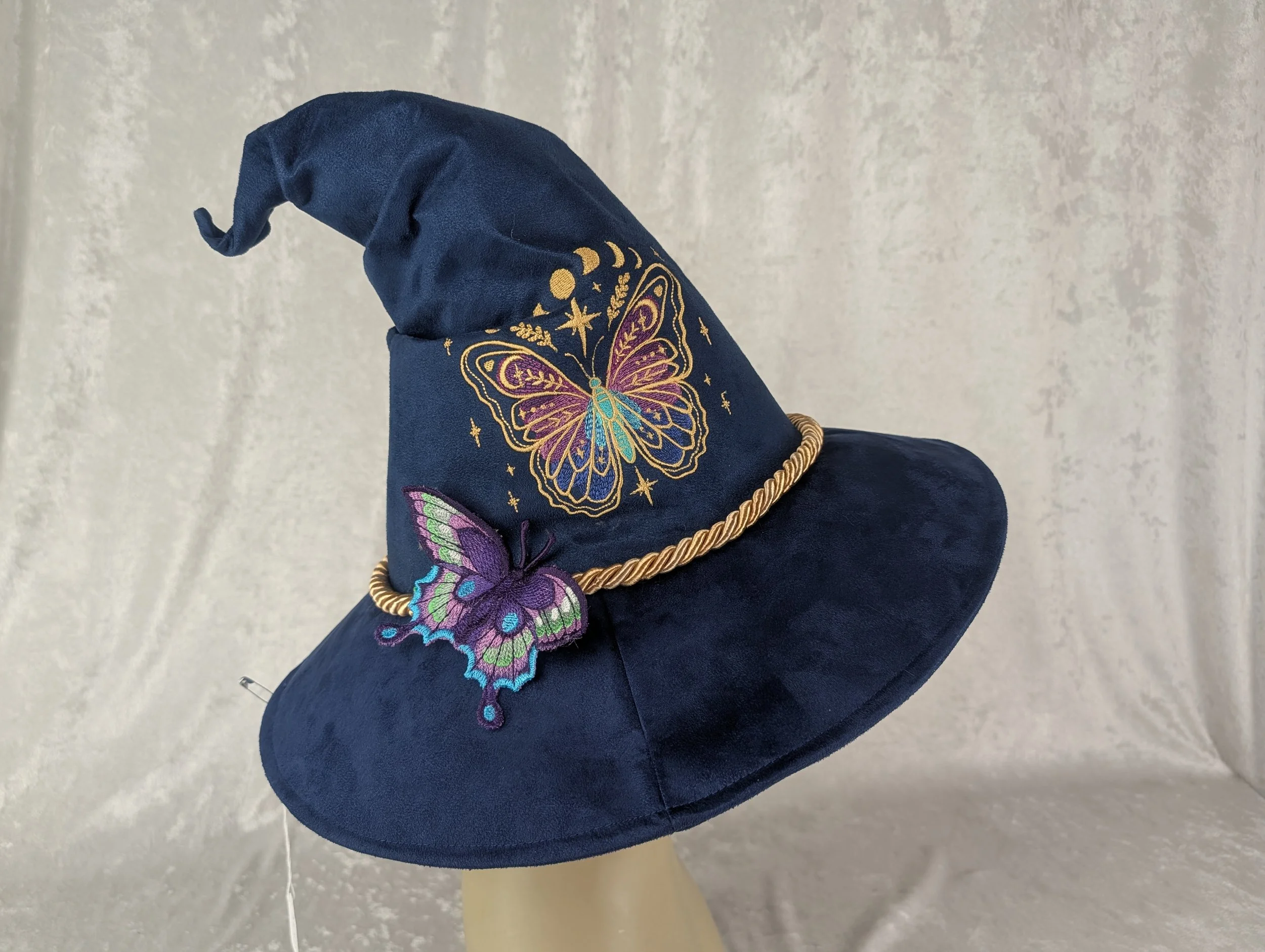 Blue and Gold Butterfly Suede Witch/Wizard Hat Size Medium