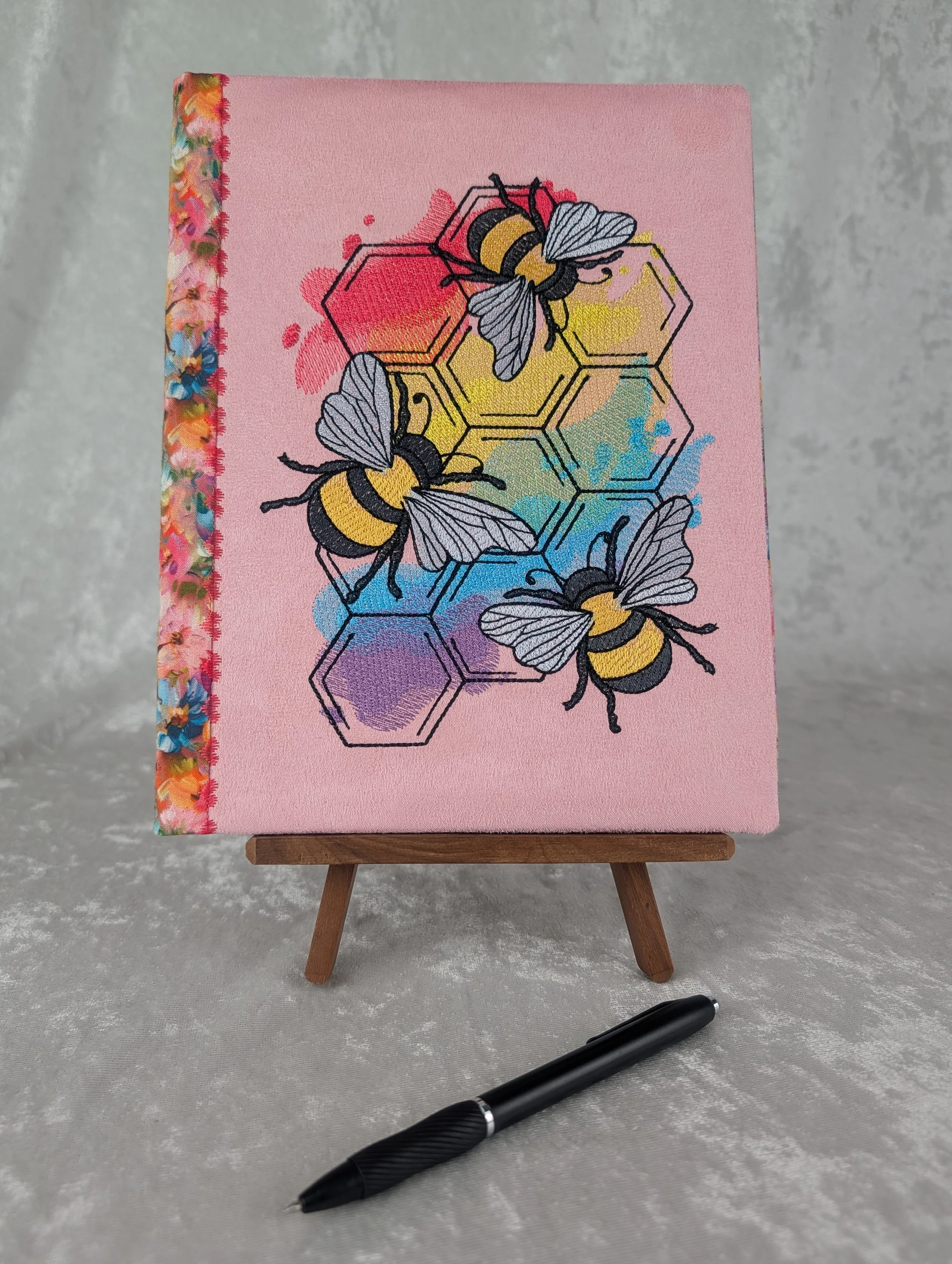 Pink Bees Refillable Embroidered Notebook Cover