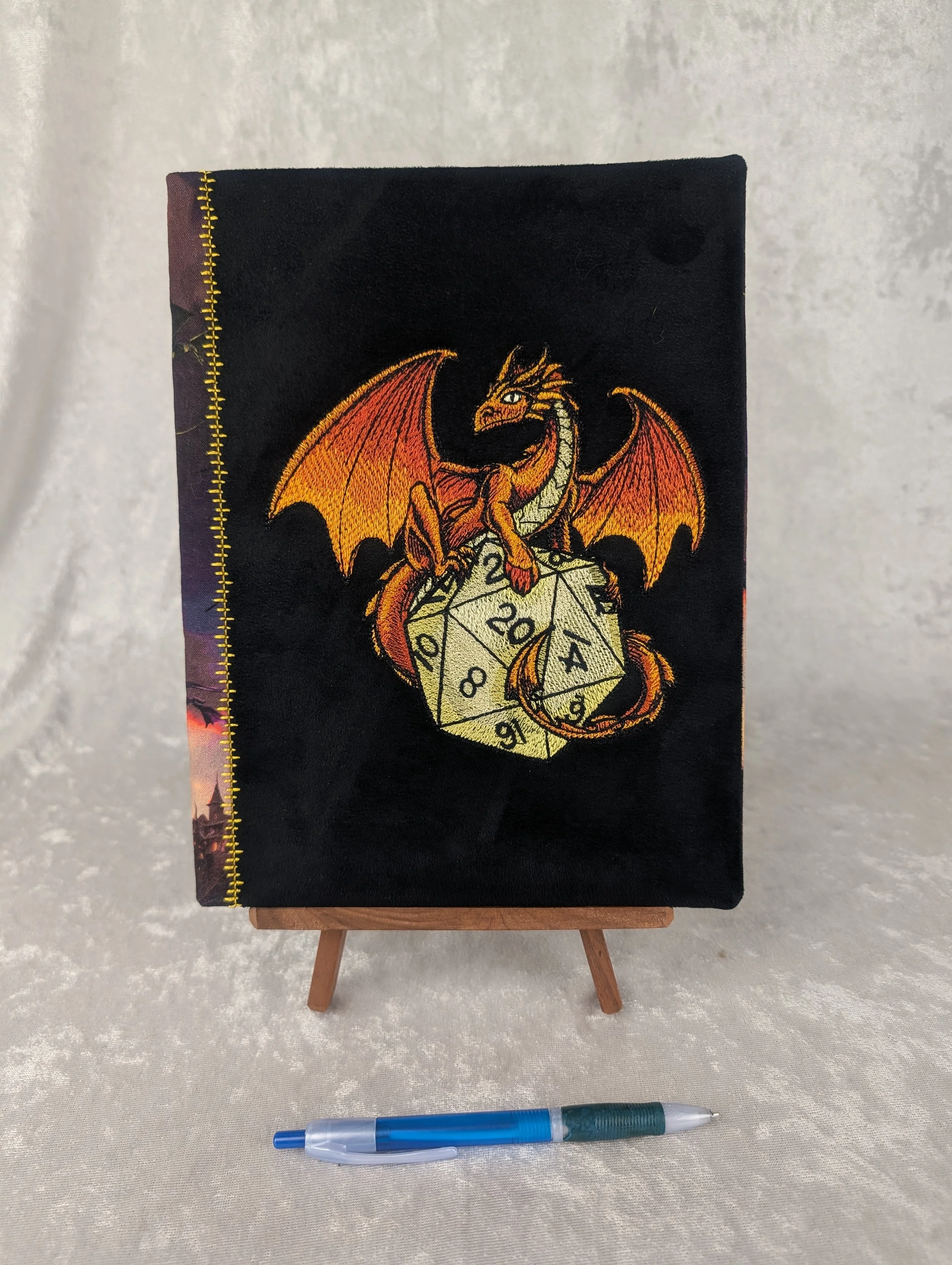 Orange Dragon on D20 Refillable Embroidered Notebook Cover with Notebook