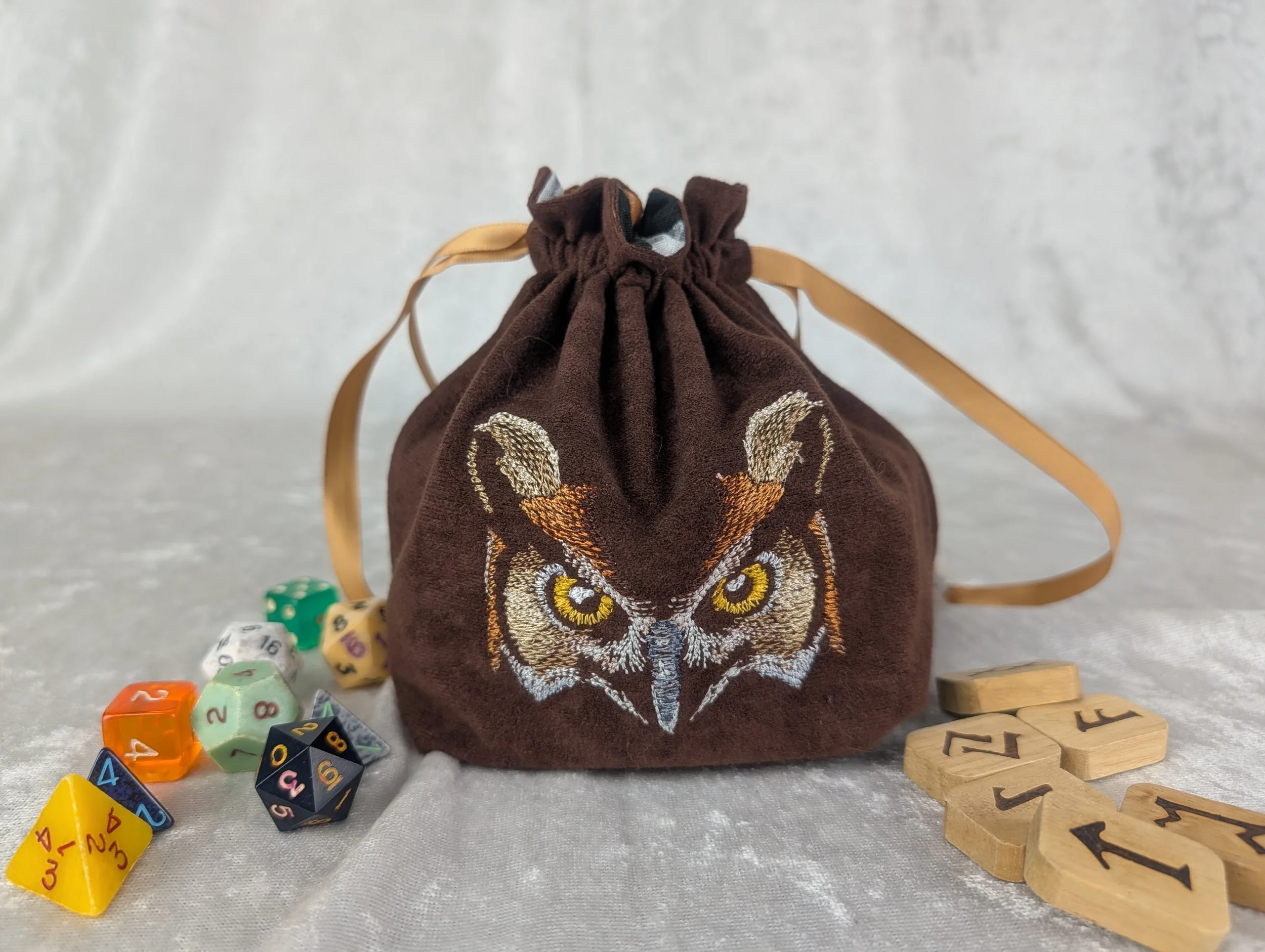 Owl Face Embroidered Stand Up Dice Bag