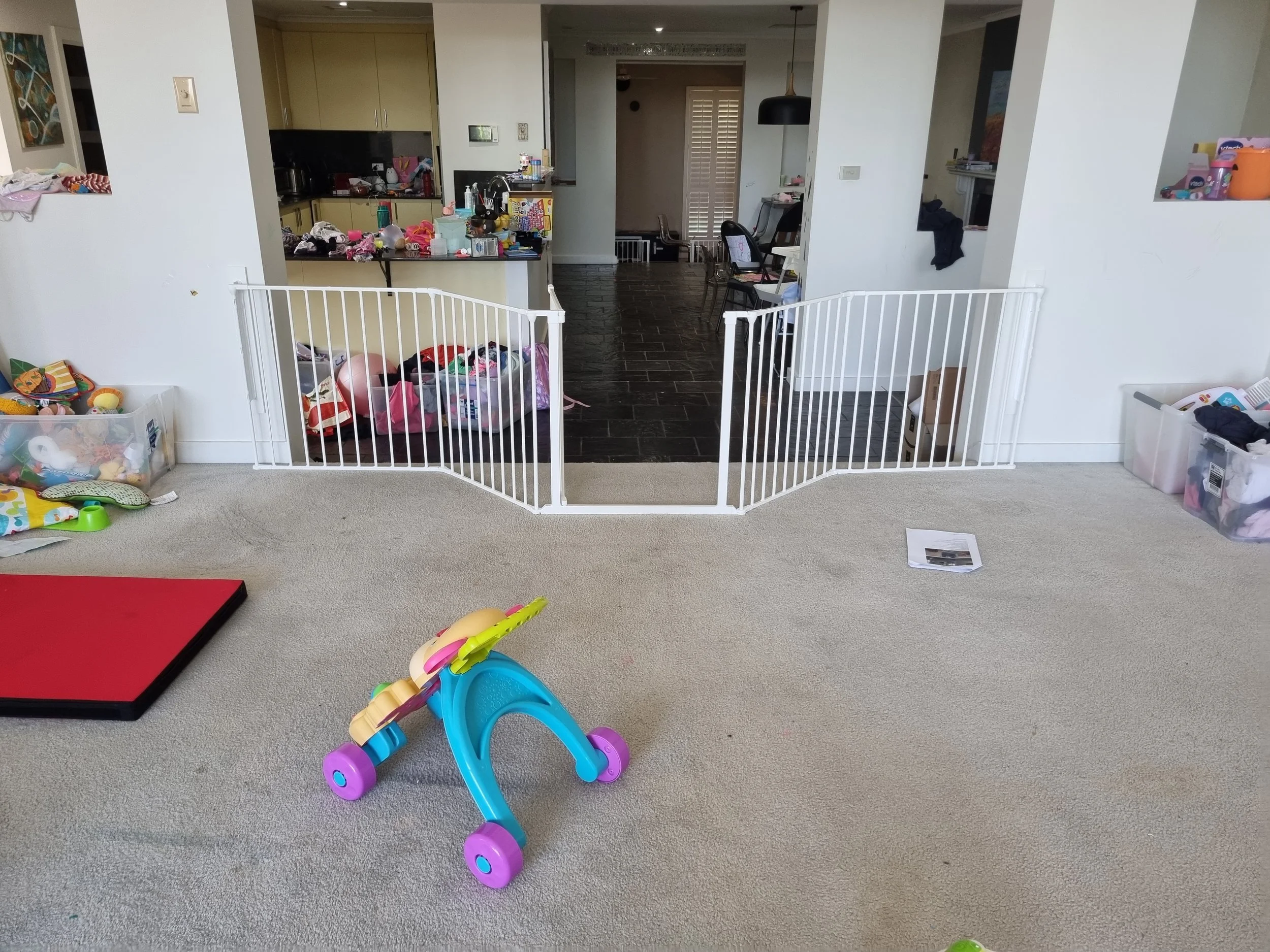 White room divider across a carpeted lounge