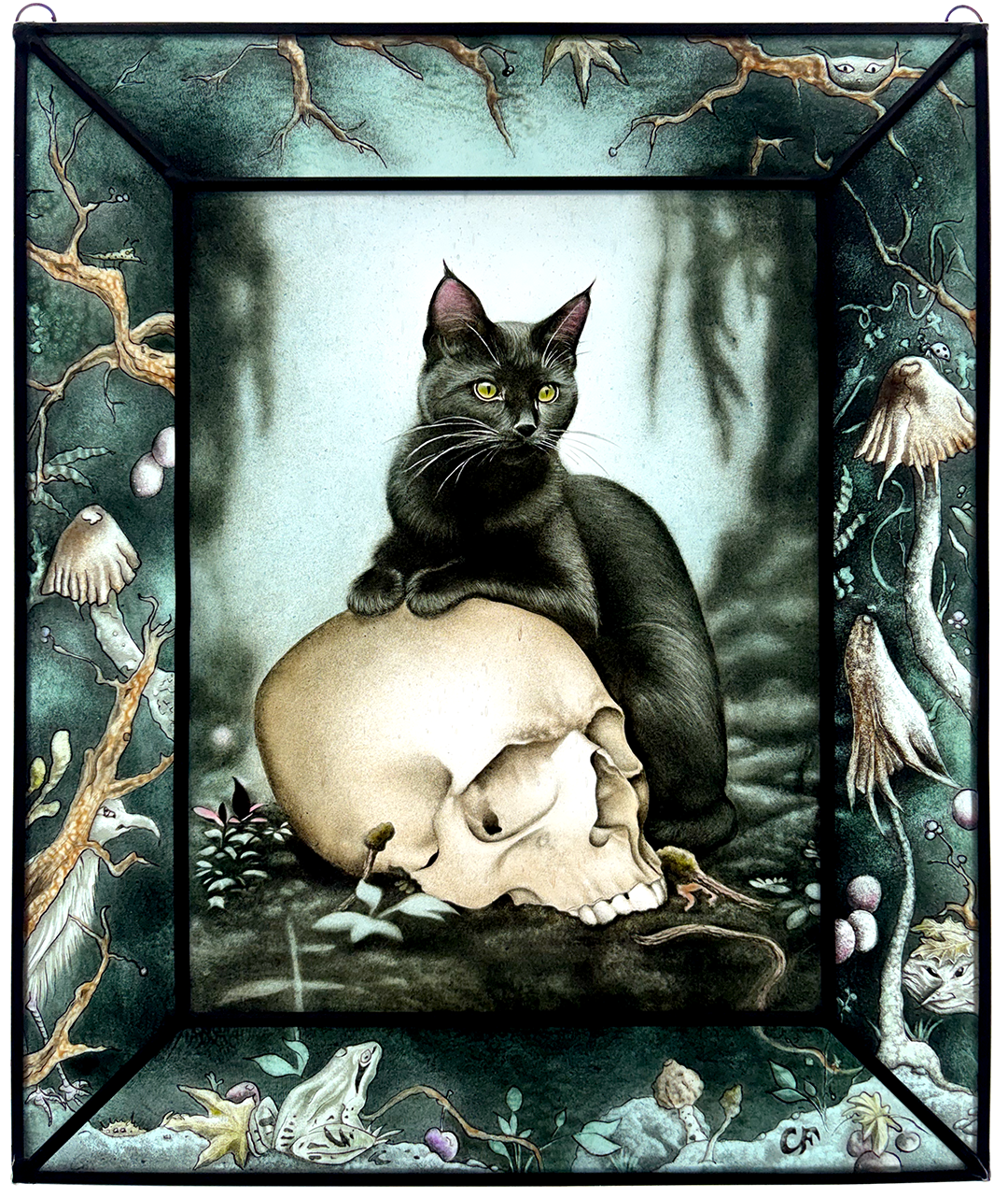 Tempting Fate -
art glass with kiln fired vitreous paint, enamels and lead came
12"x15"