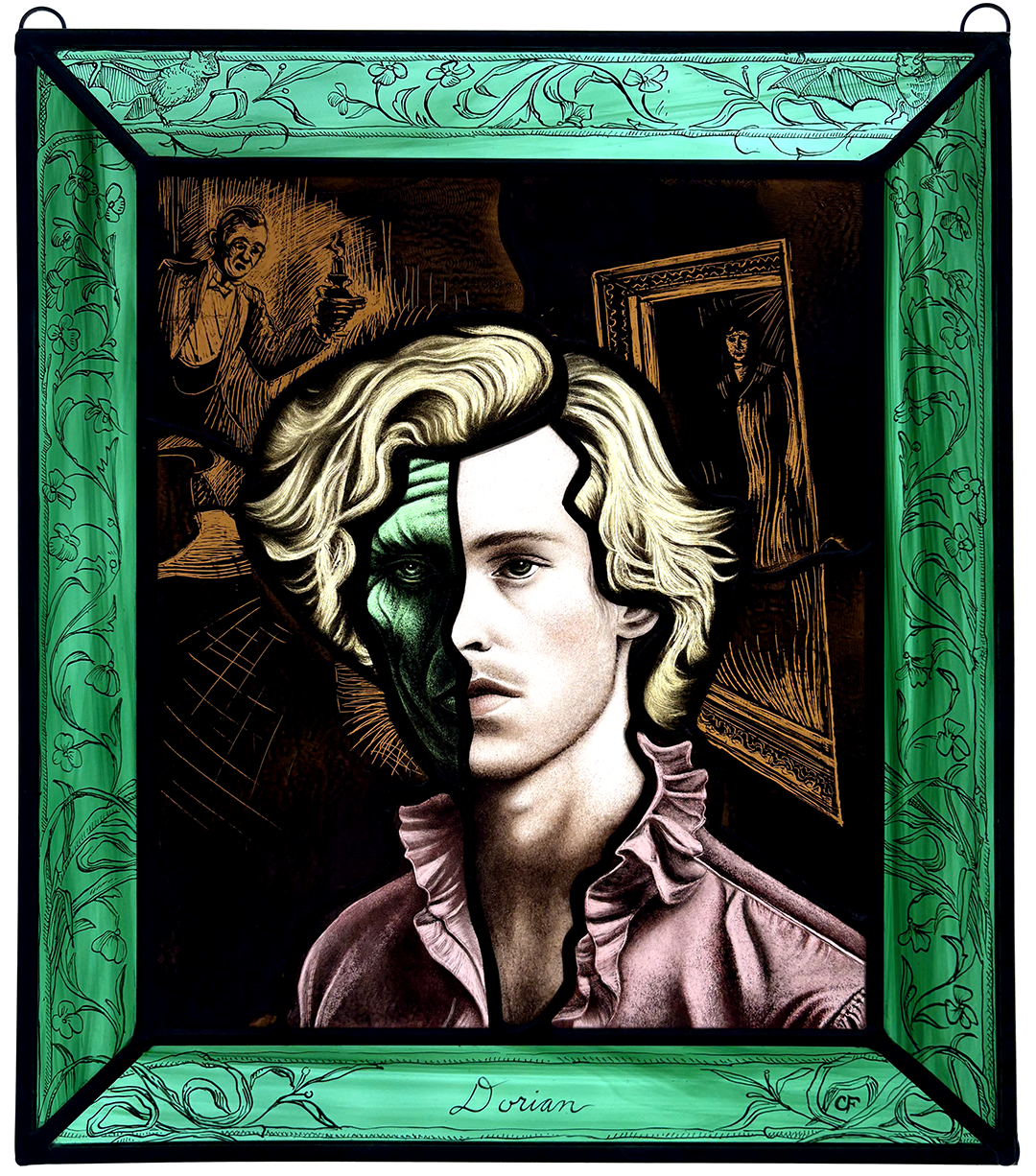 Dorian Gray -
art glass with kiln fired vitreous paint, enamels, copper foil and lead came
10.5"x12"