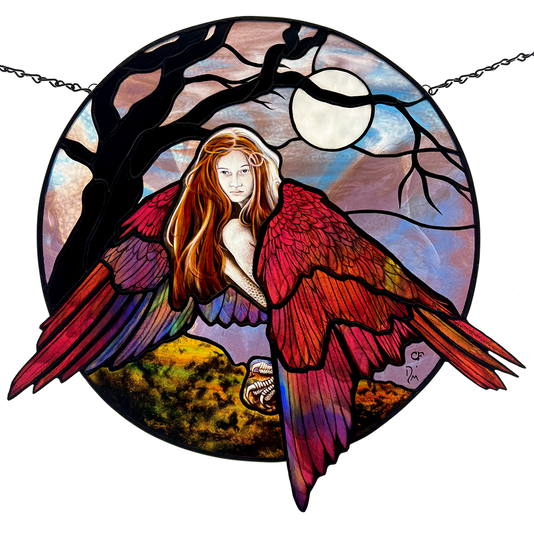 Tempest -
art glass with kiln fired vitreous paint, amber silver stain,  enamels, copper foil and lead came
18"x19"
collaboration with Remi Moehring