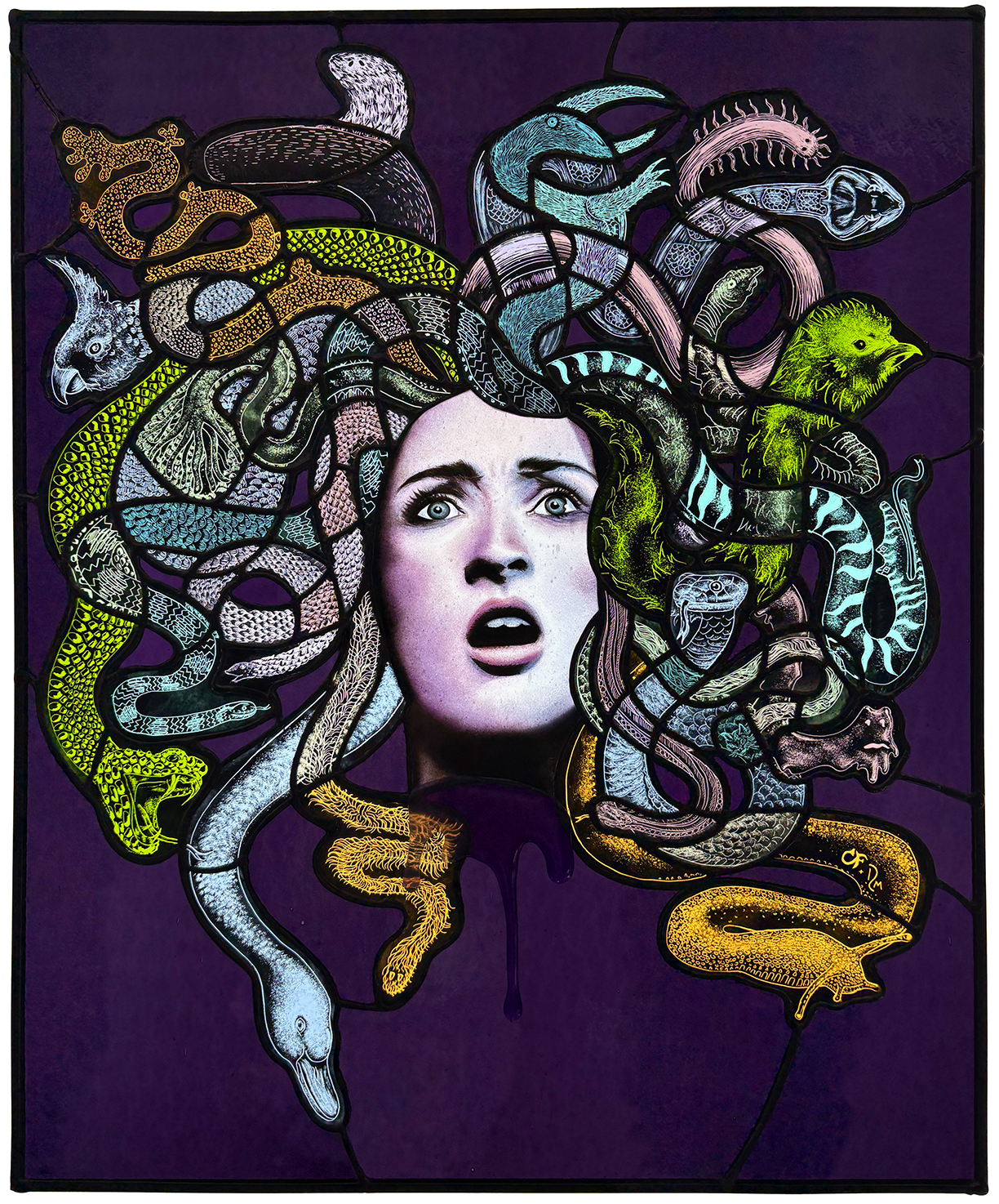 Gorgon Interrupted -
art glass with kiln fired vitreous paint, enamels, copper foil and lead came
16"x19.5"
collaboration with Remi Moehring