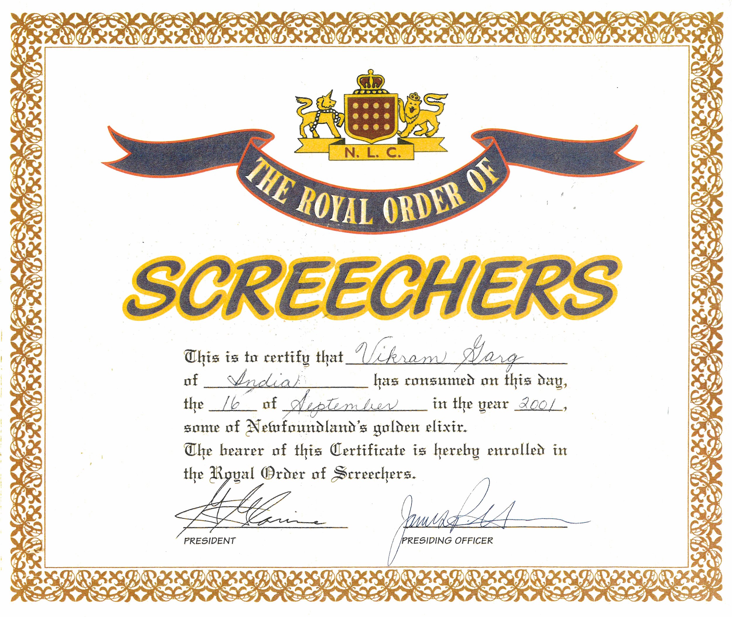 Garg’s official enrollment in The Royal Order of Screechers 