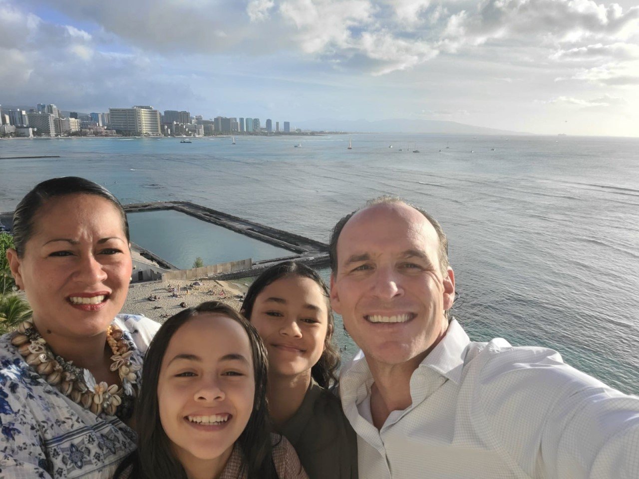  Mestraud shoots a family selfie with wife Johanna, and their 12-year-old daughters Jade and Manon ( photo courtesy Michael Mestraud ).  