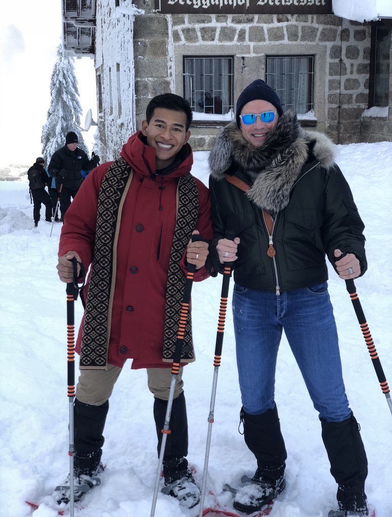  Randy King with husband Oat snowshoeing during a Christmas Market European River Cruise in 2019 ( photo courtesy Randy King ).  