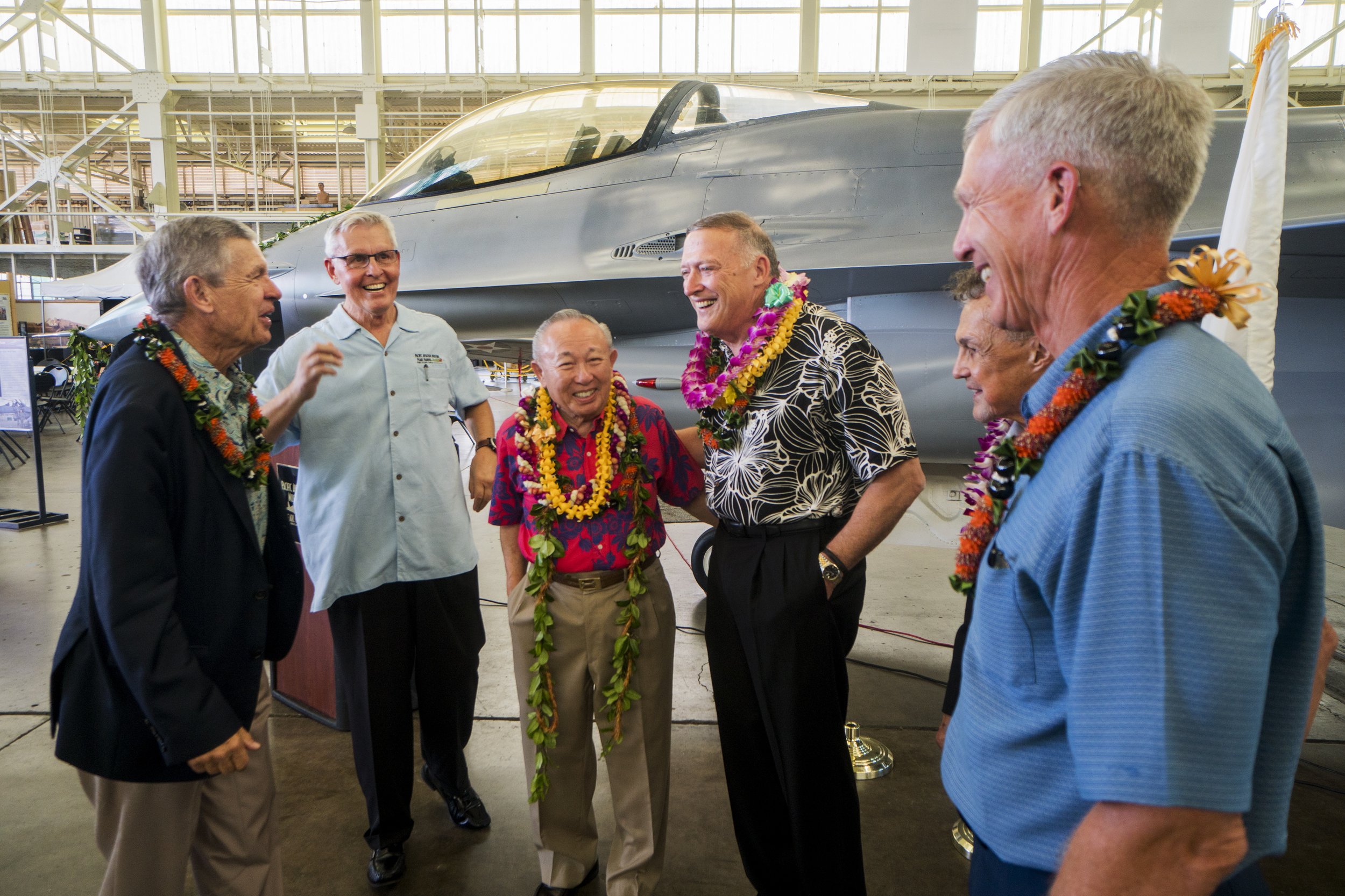  Tseu also gifted an F-16A Fighting Falcon to Pacific Aviation Museum Pearl Harbor in honor of retired Air Force Gen. Gary “Nordo” North. Standing next to the F-16 are (from left) retired Adm. R.J. “Zap” Zlatoper, museum executive director Ken DeHoff