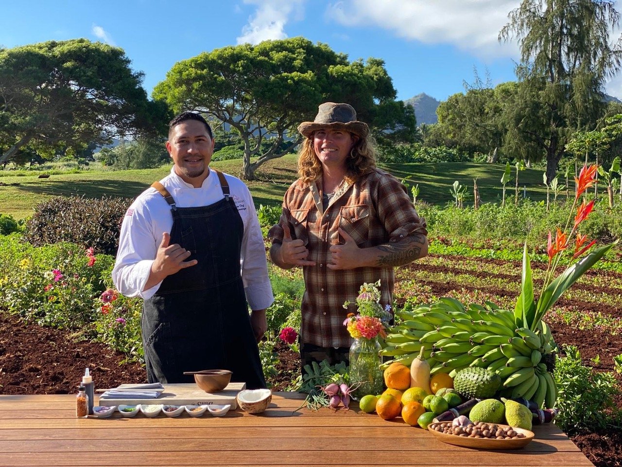  Chef Zach Cummings and Farmer Cody Meyer at The Farm at Hōkūala ( photos courtesy Timbers Kaua‘i at Hōkūala ).  