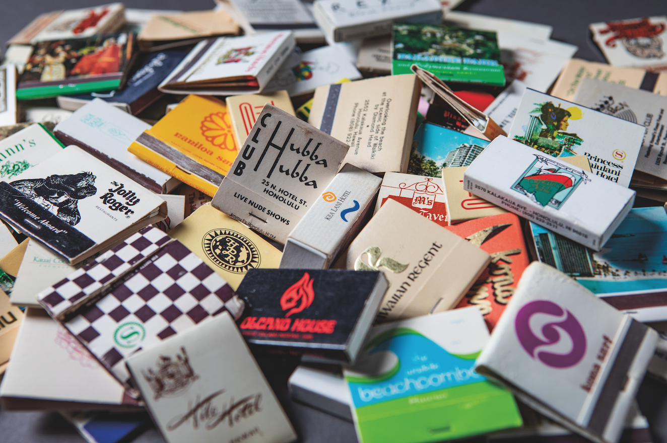  Donna Blanchard’s matchbook collection provides a unique glimpse at the Hawai‘i of bygone eras: bars, hotels, restaurants and even a bank are represented.  Photos by Adam Jung  