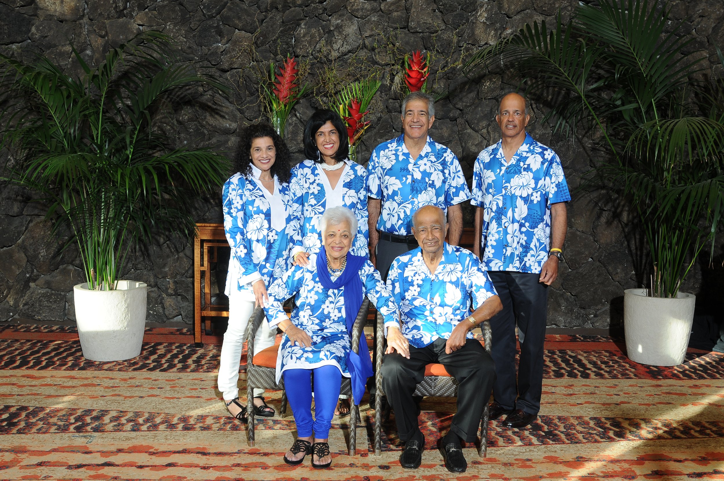  A family portrait for Watumull Bros. 100th Anniversary. The family is seen wearing a recreation of one of their Hawaiian prints.  