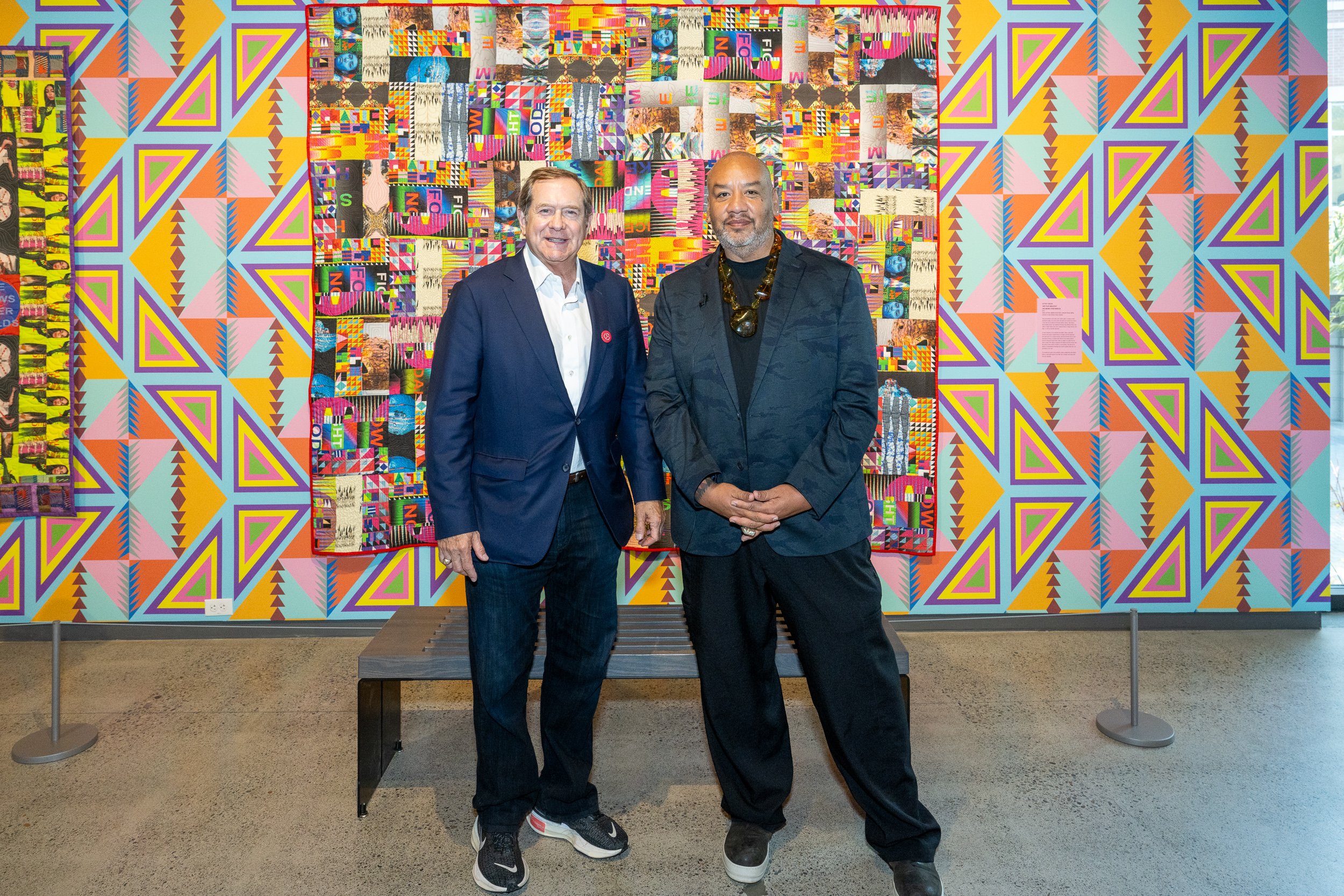  Schnitzer with Jeffrey Gibson at a celebration marking the exhibition  Jeffrey Gibson: They Teach Love, from the Collections of Jordan D. Schntizer and His Family Foundation  at the Jordan Schnitzer Museum of Art at WSU Pullman.    Photo courtesy of